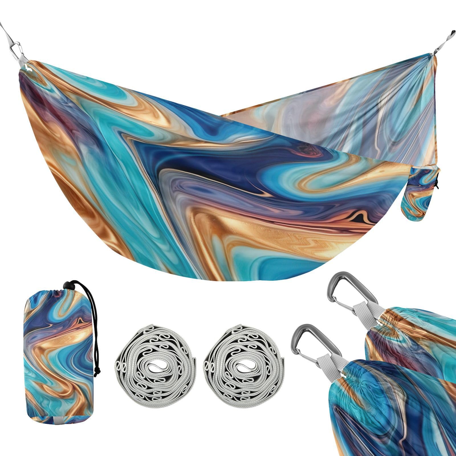 SDMKA Blue Purple Marble Camping Hammock, 330 lbs with 2 Tree Straps, Carry Bag, Single Portable Hammock for Outdoor/Indoor, Hiking, Beach, Backpacking, Travel
