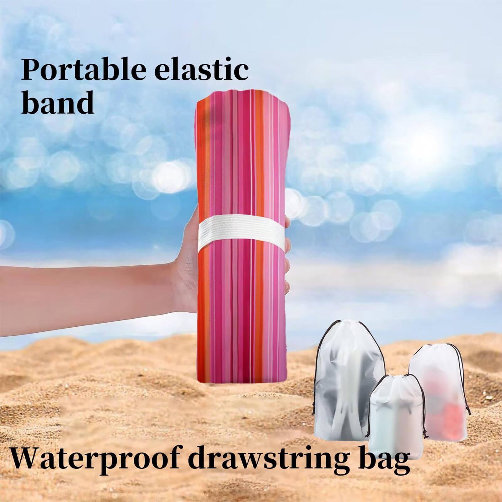Strandtuch Gestreiftes Rosa Mikrofaser Handtuch Groß 220 x 100 cm, Saunahandtuch Schnell Trocknendes, Sandfreie Stranddecke, Saugfähiges Badetuch, Platzsparende Reisehandtuch, Sauna Zubehör Y1-221