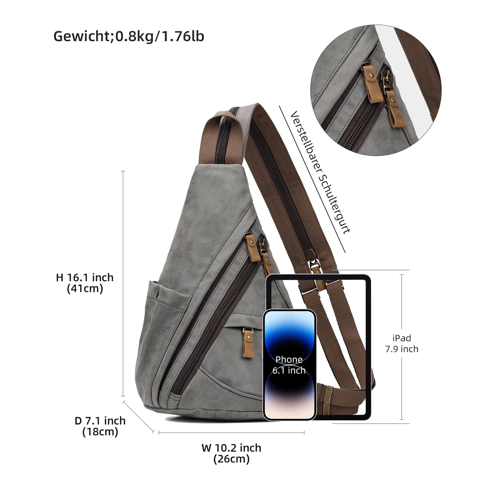 KL928 Casual PU Vintage Rucksäcke, Echtleder Retro Segeltuch Rucksack Daypack Crossbody Shoulder Schulterrucksack für Herren und Damen, Dunkelgrau