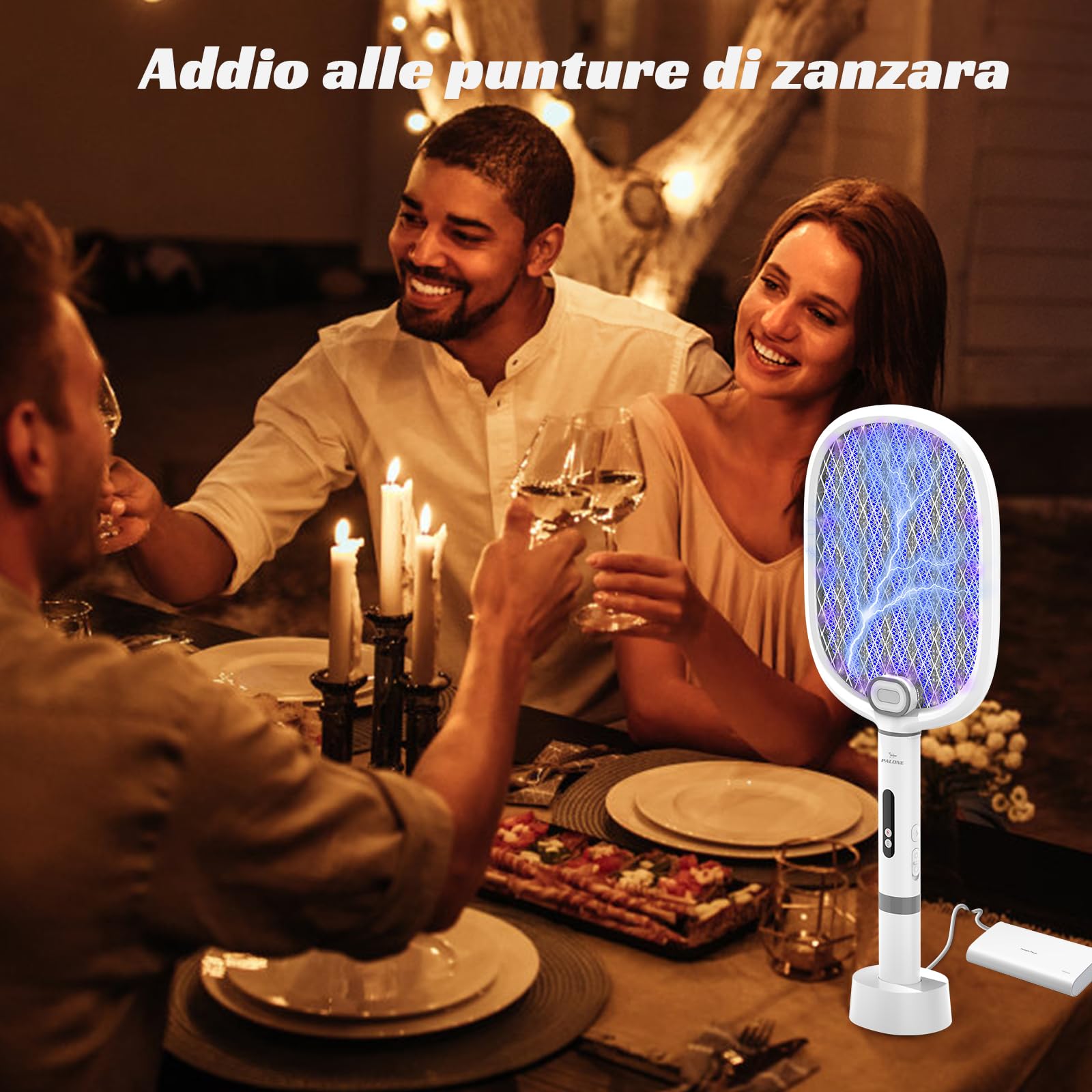 PALONE Racchetta Zanzare Elettrica 4000V con 2 Type-C, Portatile Ricaricabile 1800mAh Scacciamosche Elettrico Rimovibile, Notte LED & Base di Ricarica USB C