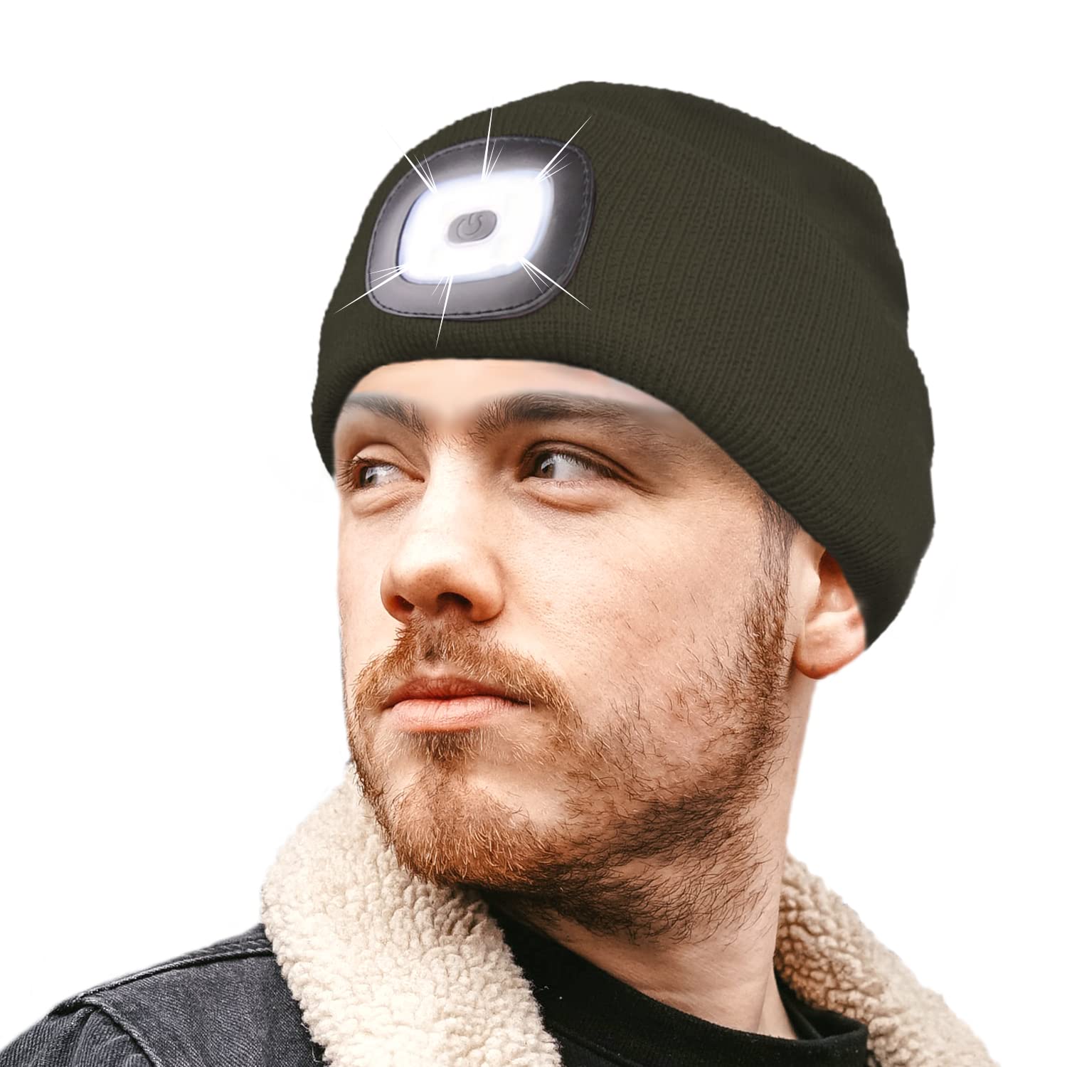 Rockjock Men's Olive Stormactive 100% Waterproof Led Light Rechargeable Usb Long Lasting Warm Beanie Hat Ladies, Kids For Camping, Walking, Running, Cycling