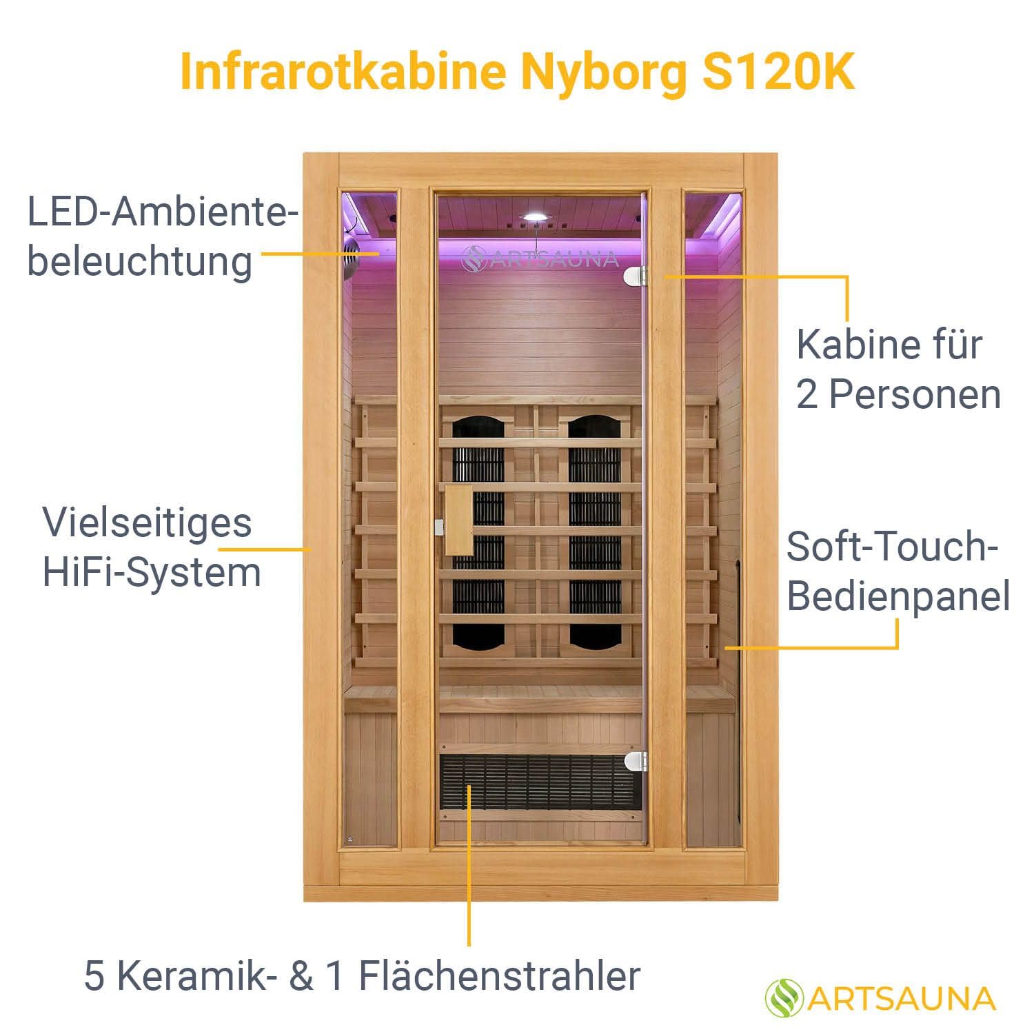 Artsauna Infrarotkabine Nyborg S120K Keramikstrahler & Hemlockholz, 2 Personen, 120 x 105 x 190 cm, LED Farblicht & Glastür, Infrarotsauna Sauna