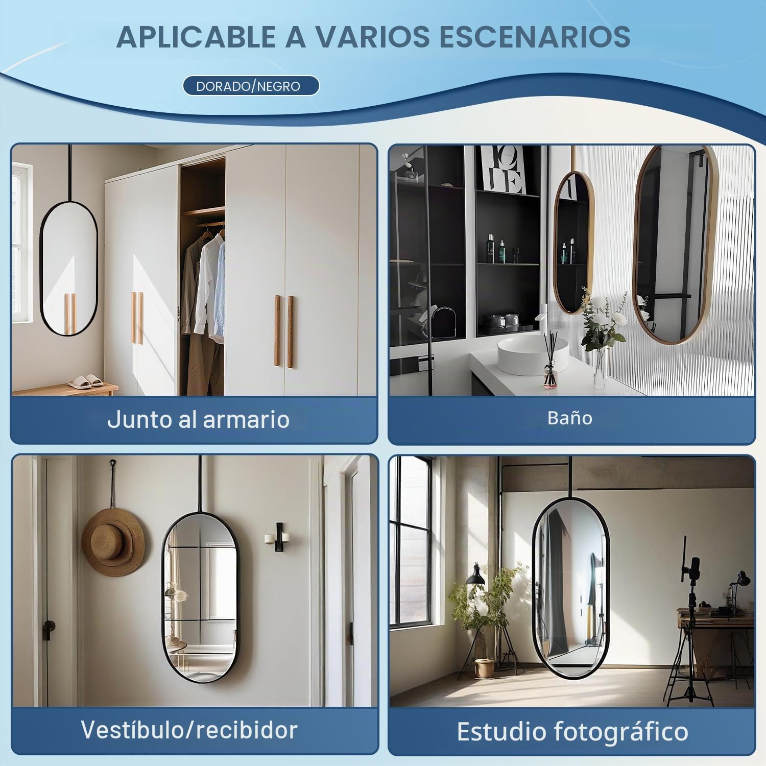 Espejo De Baño Montado En La Pared - Espejo De Tocador Ovalado Espejos De Vidrio Templado(Size:50 * 70cm,Color:Black)