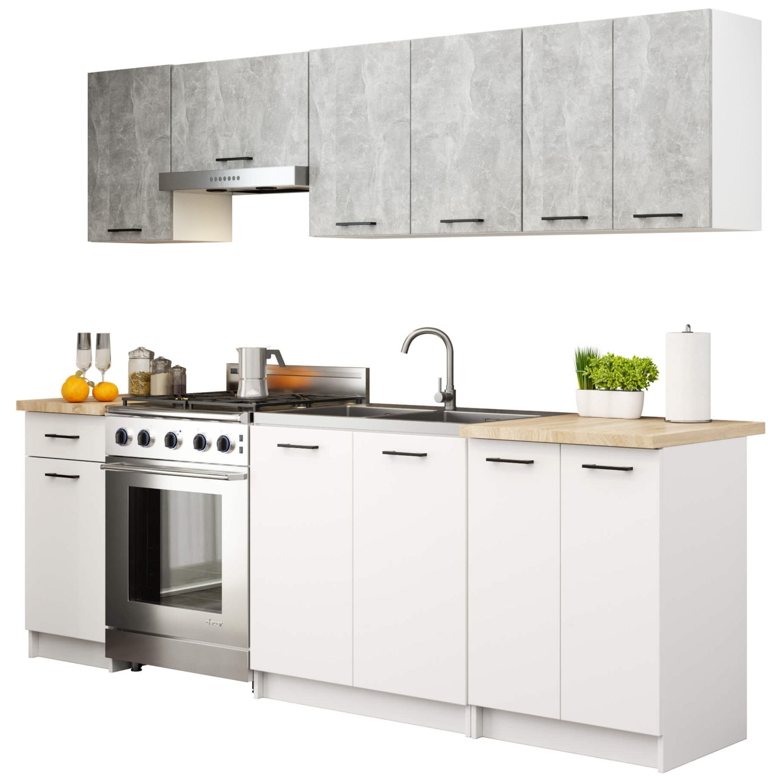AKORD | Set di Mobili da Cucina Olivia 2.4m | Cucina Completa Piccola | Componibile | su Misura 46 x 180 x 174 cm | Per un design moderno e Tradizionale | Cemento & Bianco Frontale