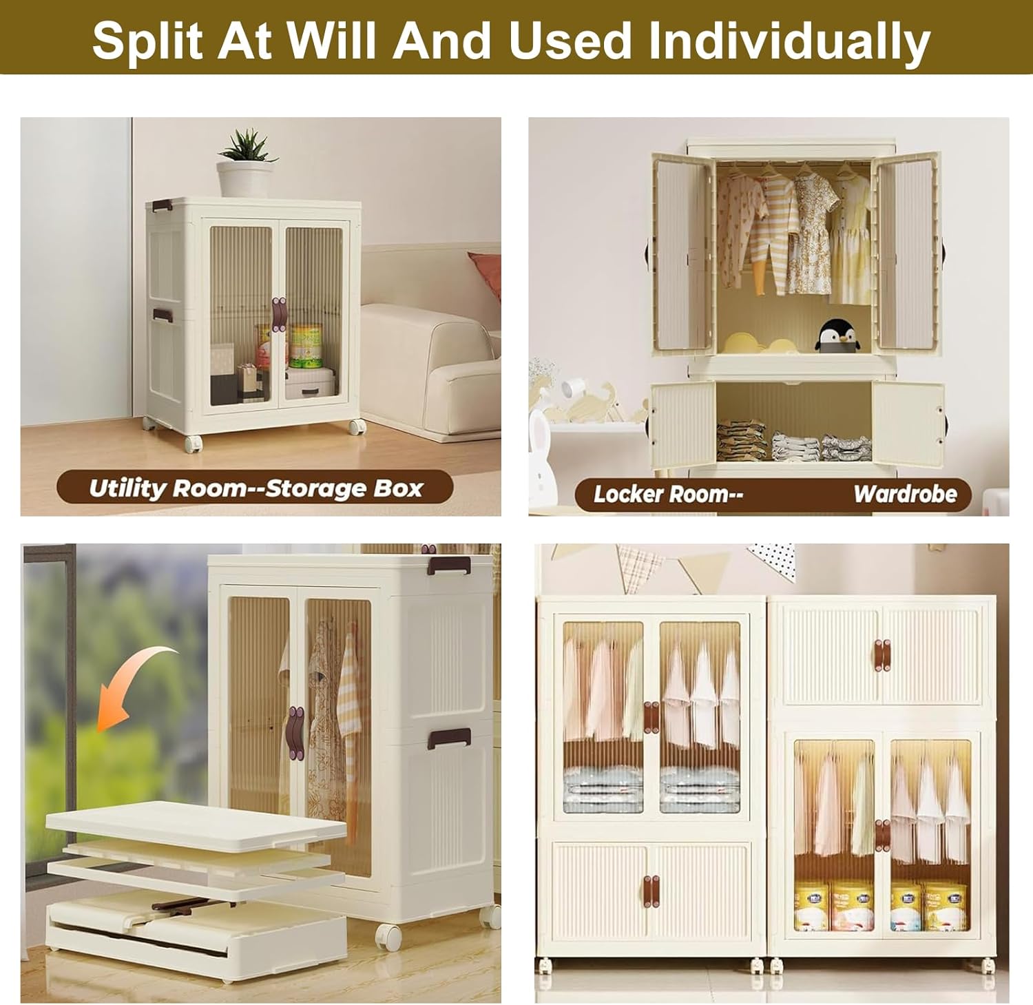 Portable Closet Wardrobe, Folding Storage Bins with Lid, Stackable Storage Box with Hanging Rod and Doors, Collapsible Plastic Clothes Cabinet with Wheels, 10 Hangers