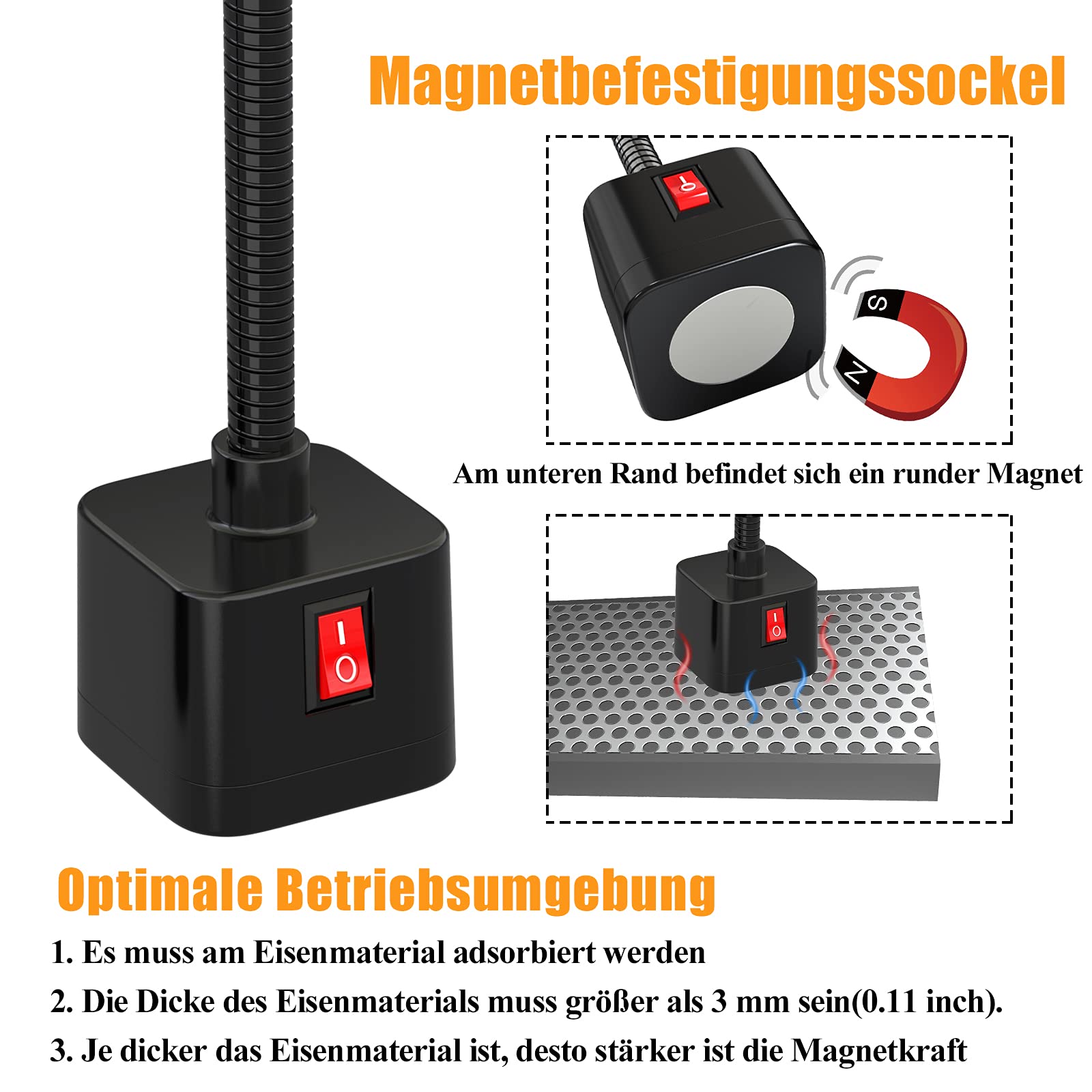 Led Magnetische Arbeitsleuchte 300mm Flexible Schwanenhalslampe 500 Lumens 220 Volt für Nähmaschine Drehbank Fräsen Bohrmaschine Industrielle Beleuchtung (5W)