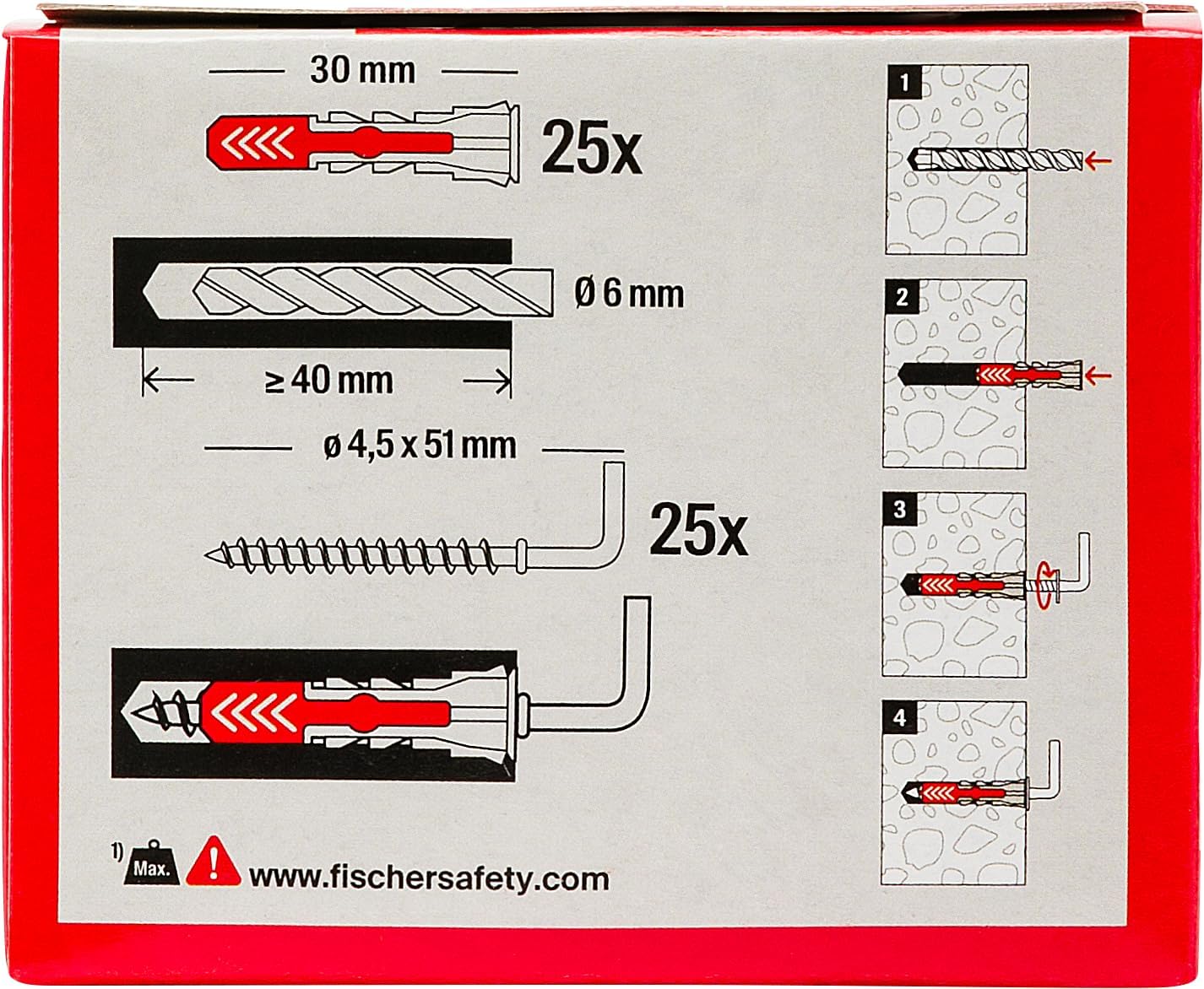 Fischer 541744 Dowel with Hook DUOPOWER, Grey/Red, 6 x 30 mm, Set of 25 Pieces