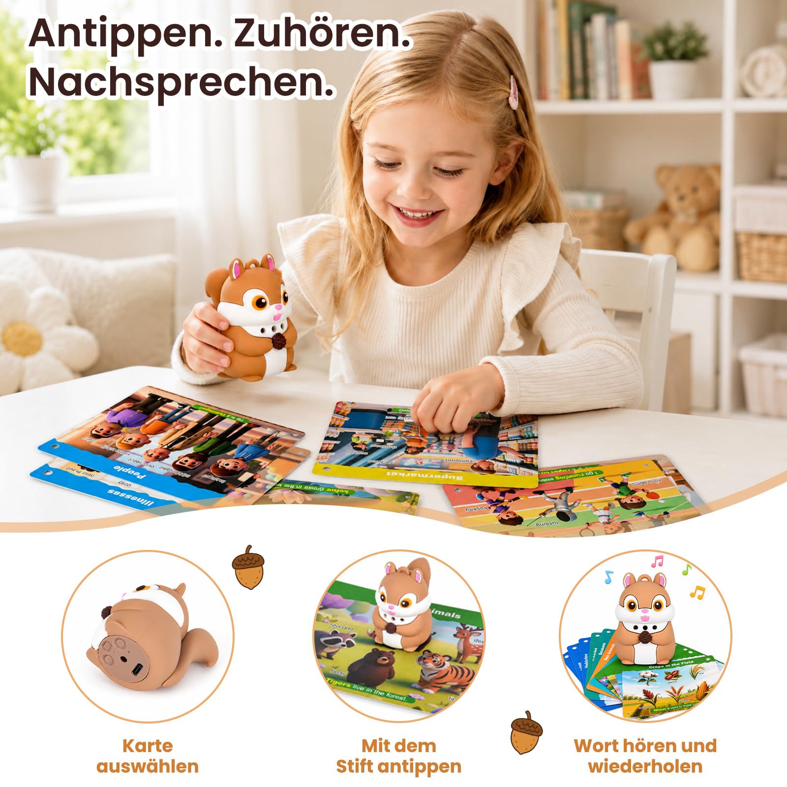 Phonics - Tarjetas educativas con bolígrafo para niños a partir de 3 años, tarjetas de doble cara, palabras, tarjetas interactivas para aprender a leer, preescolar, guardería, juguetes educativos sin