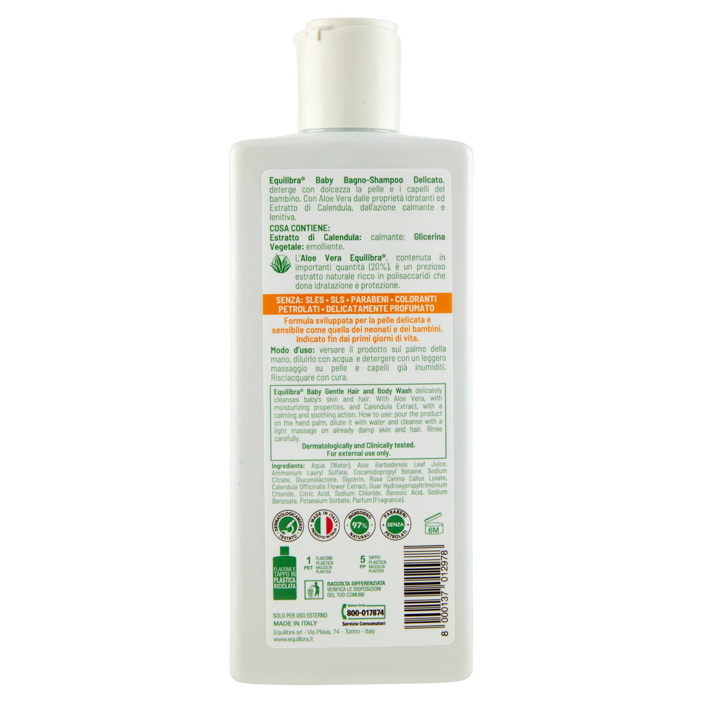 equilibra Baby, Baby Bagno-Shampoo Anti-Lacrima, Shampoo Delicato per Neonati e Bambini, Adatto a Pelli Sensibili, a Base di Aloe Vera, Estratto di Calendula e Glicerina Vegetale, 6 Pezzi da 250 ml