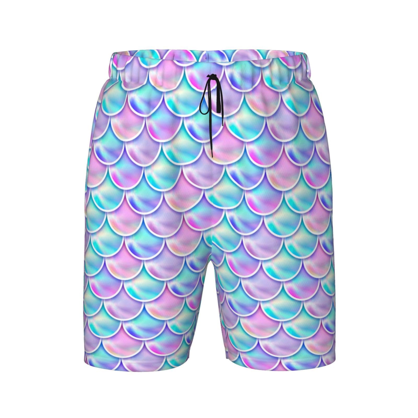 Ahdyr Mermaid Scales Boys Swim Trunks with Compression Liner Kids Swimwear Bathing Suits Board Shorts Teen Beach Shorts 7-20 T