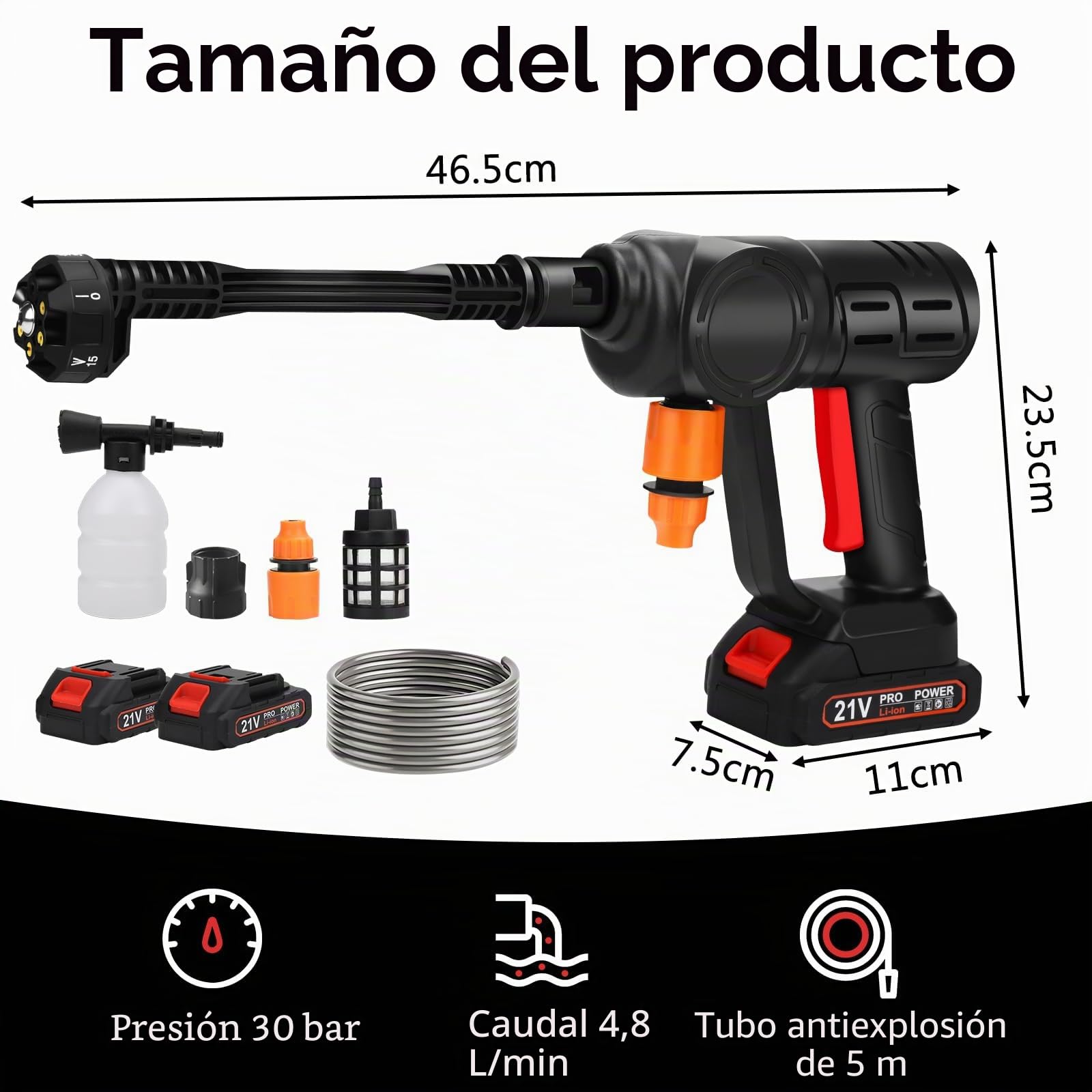Limpiador de Alta Presión Inalámbrico para Coche, 30 Bares, Pistola de Alta Presión Inalámbrica con Boquilla Ajustable 5 en 1, Lavado de Coches para Casa, Césped, Jardín, Valla (Dos baterías)