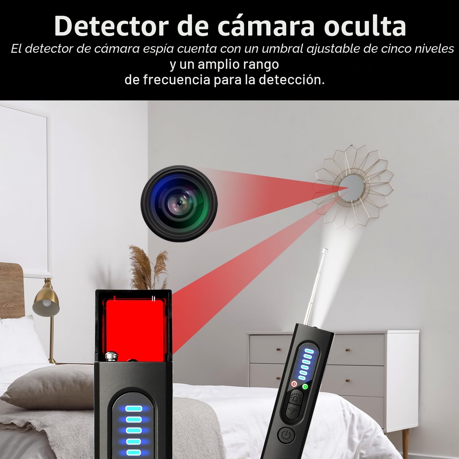 Detector de Dispositivos Ocultos Inalámbrico - Detecta Cámaras, Micrófonos, GPS y Señales RF con 5 Niveles de Sensibilidad para Oficina, Hotel y Hogar