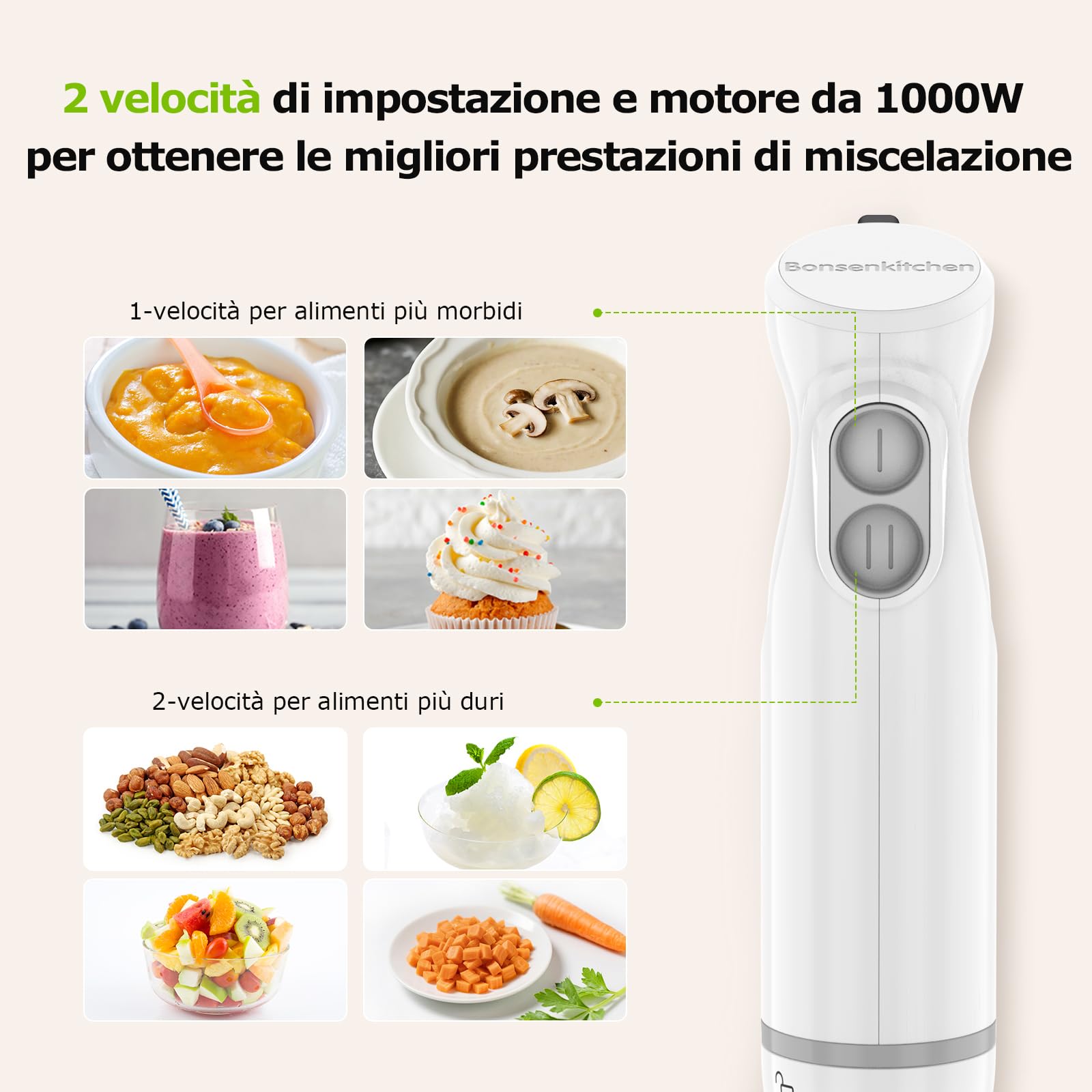 Bonsenkitchen Frullatore a Immersione 2 in 1, 1000 W, Frullatore in acciaio inox, 2 Velocità, con Misurino da 700 ml con Coperchio, per Pappe, Zuppe, Frullati, Puree