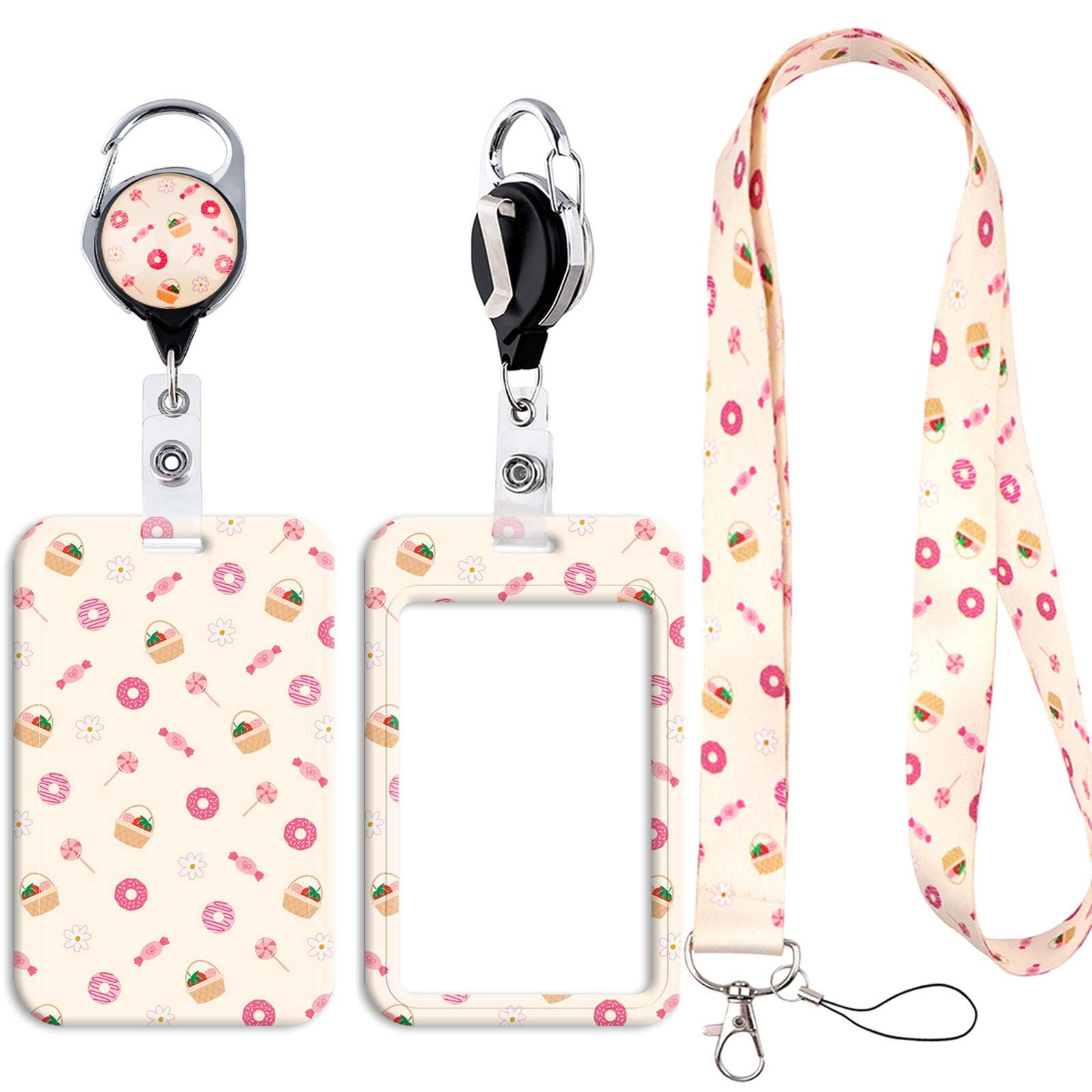 Sweet Lanyard with Card Holder Kids Girls Vertical ID Badge Holder Card Sleeve with Retractable Reel Clip for Nurse Teacher Office Staff Work Cruising, Donuts & Strawberry Baskets