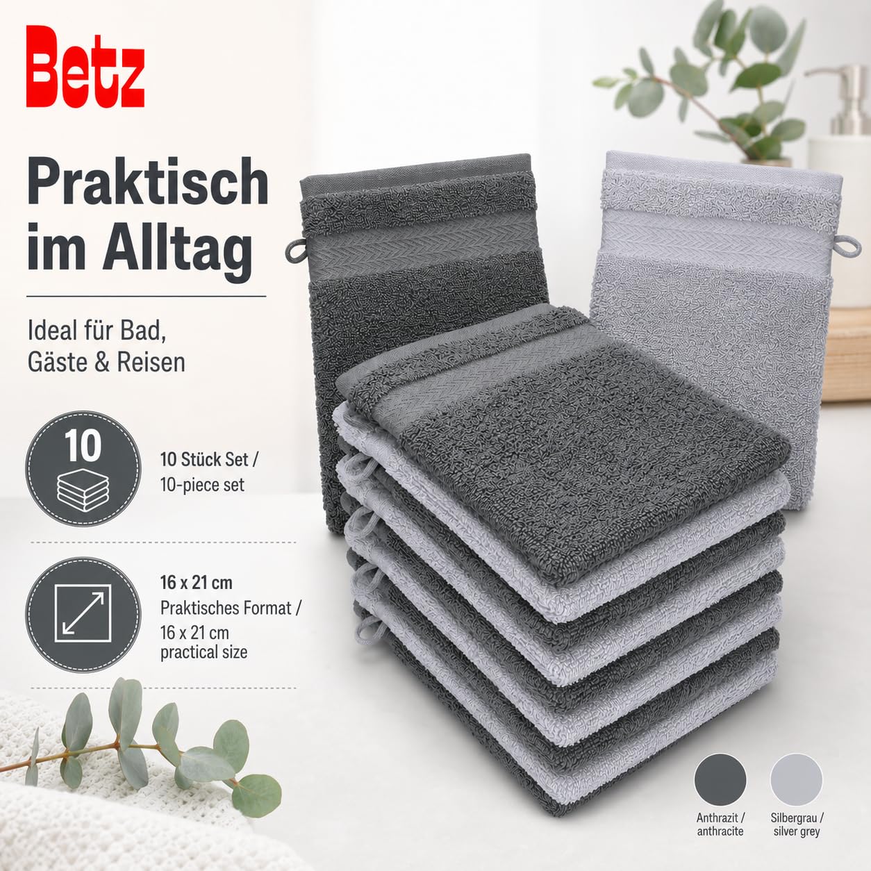 Betz Waschhandschuhe Premium 10 Stück 16x21 cm – 100% Baumwolle 470g/m² – Weiche Frottee Waschlappen – Pflegeleicht & saugstark – Farbe Anthrazit & Silbergrau