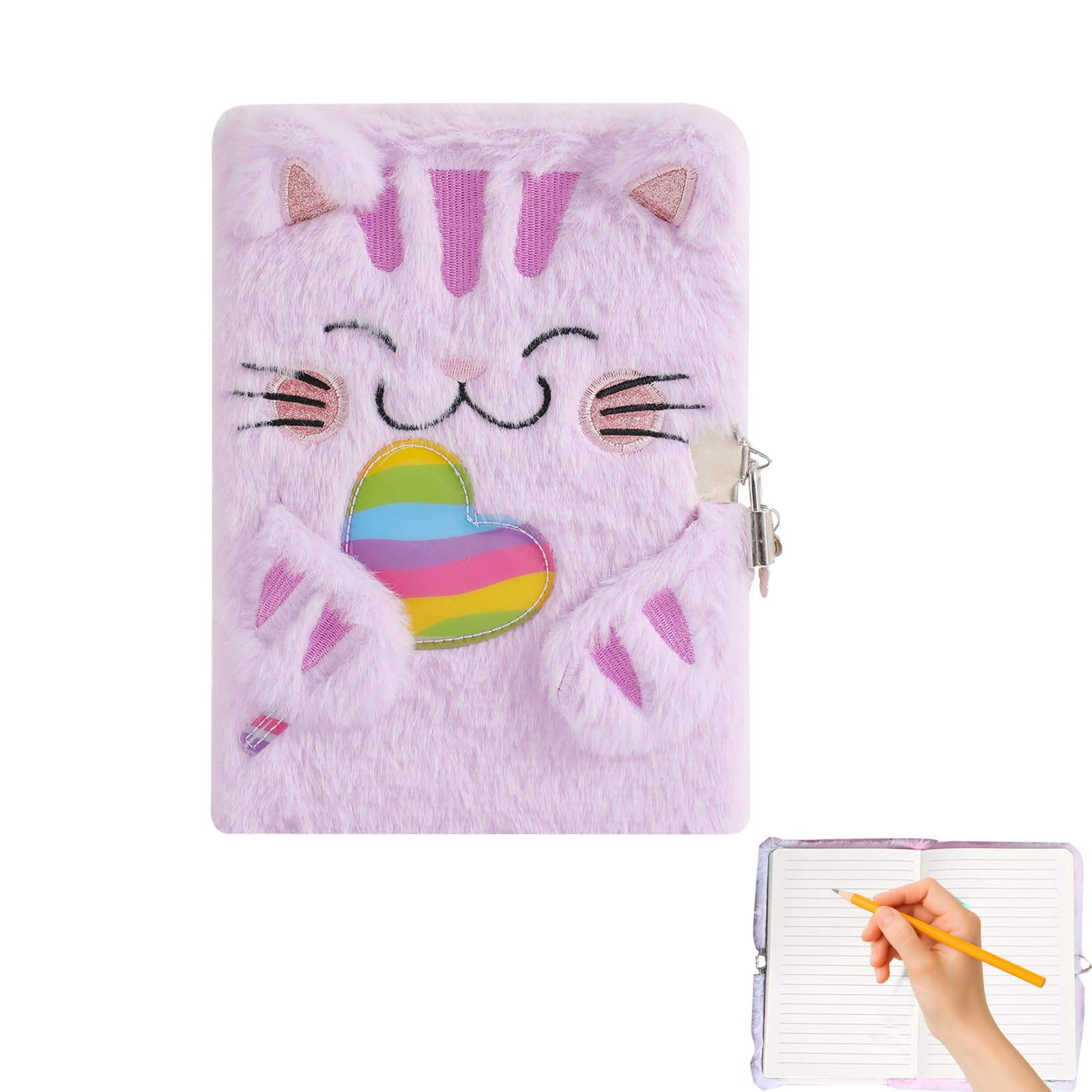 Diario Segreto per Bambina con Lucchetto 21,5x15,5 cm – taccuino Peluche Morbido con Gatto Arcobaleno Viola – Regalo Perfetto per Compleanni, Scuola e Viaggi