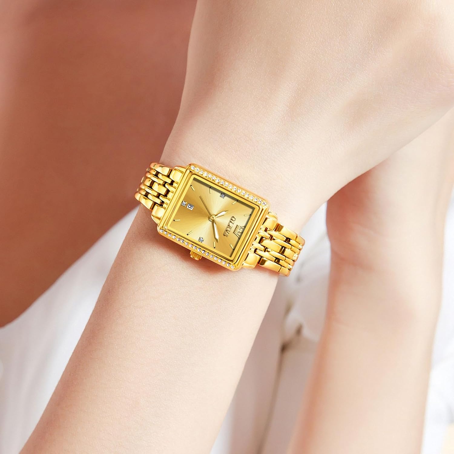 OLEVS Square Watches for Women, Gold Stainless Steel Bracelet Ladies Small Face Watches, Dainty Waterproof Women's Wrist Watches with Date, Gold/Black/White/Blue/Green Dial - Image 7