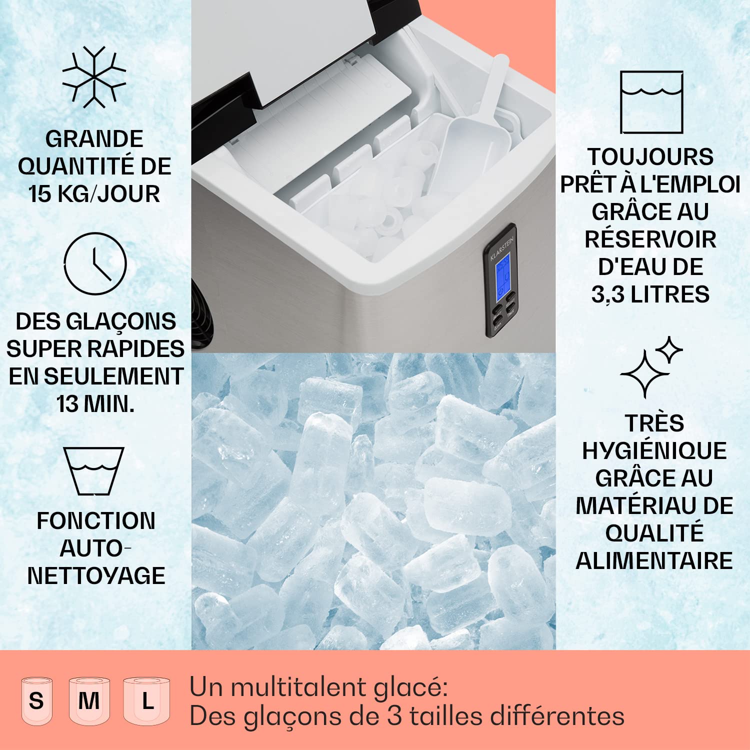 Klarstein Mr. Black-Frost - Machine à glaçons 3,3 L, 15 kg/24 h, Ice Maker 150W, 3 tailles, 6-15 mn, Machine à distributeur de glaçons avec Minuterie, Heure, Ecran LCD, Discret, Inox, Noir