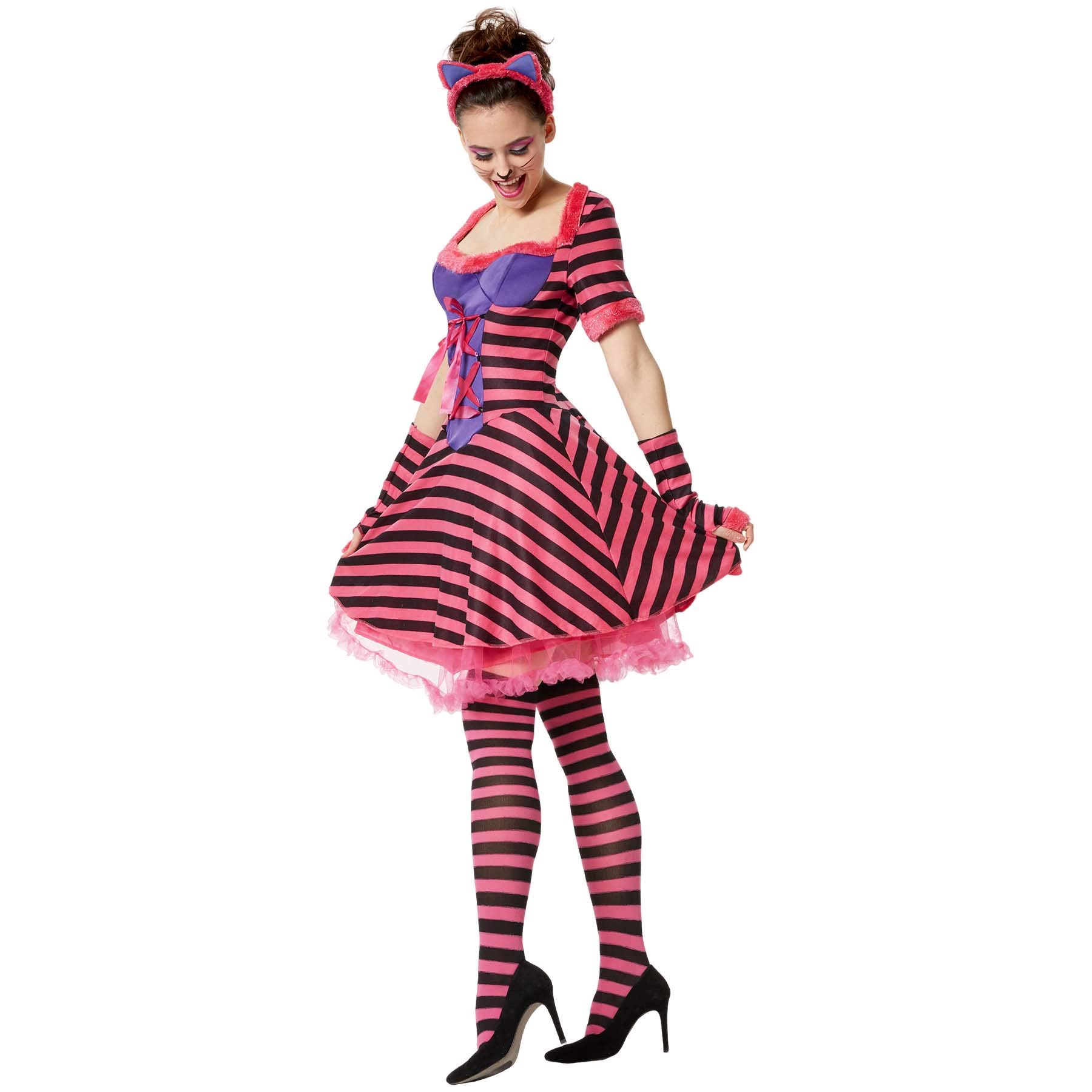 dressforfun 900538 Costume Donna, Gatto Cheshire a Righe, Nero & Rosa, Carnevale Festa Halloween -Disponibili in Diverse Misure (M | Nr. 302487)