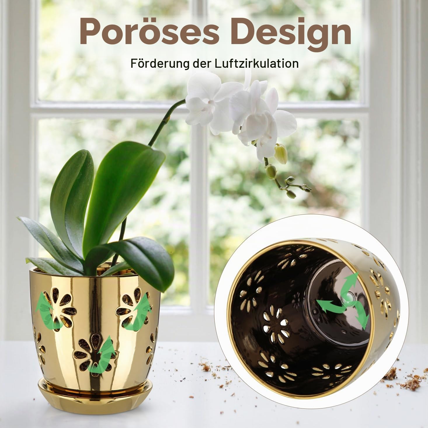 Oairse Durchmesser 15cm Keramik Hohlpflanztopf mit Abflussloch und Untersetzer Keramiktopf für Zimmerpflanzen, Keramik Übertopf Retro-Dekoration für Gartenbehälter-Sets im Freien