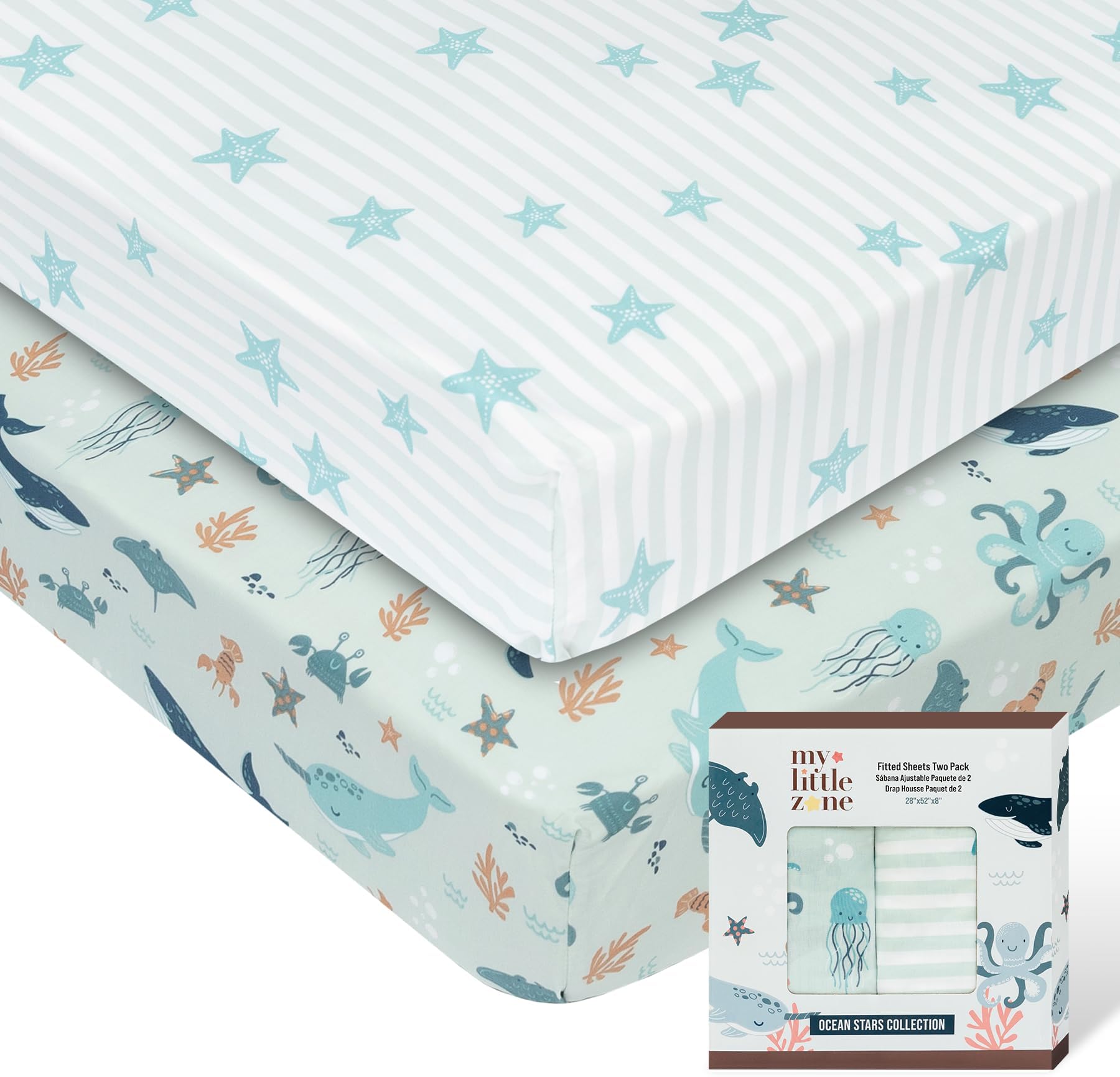 Title: My Little Zone Baby Crib Fitted Sheets Nautical - Nursery Cotton Sheets for Crib - Gender Neutral (Teal and White), 2 Pack