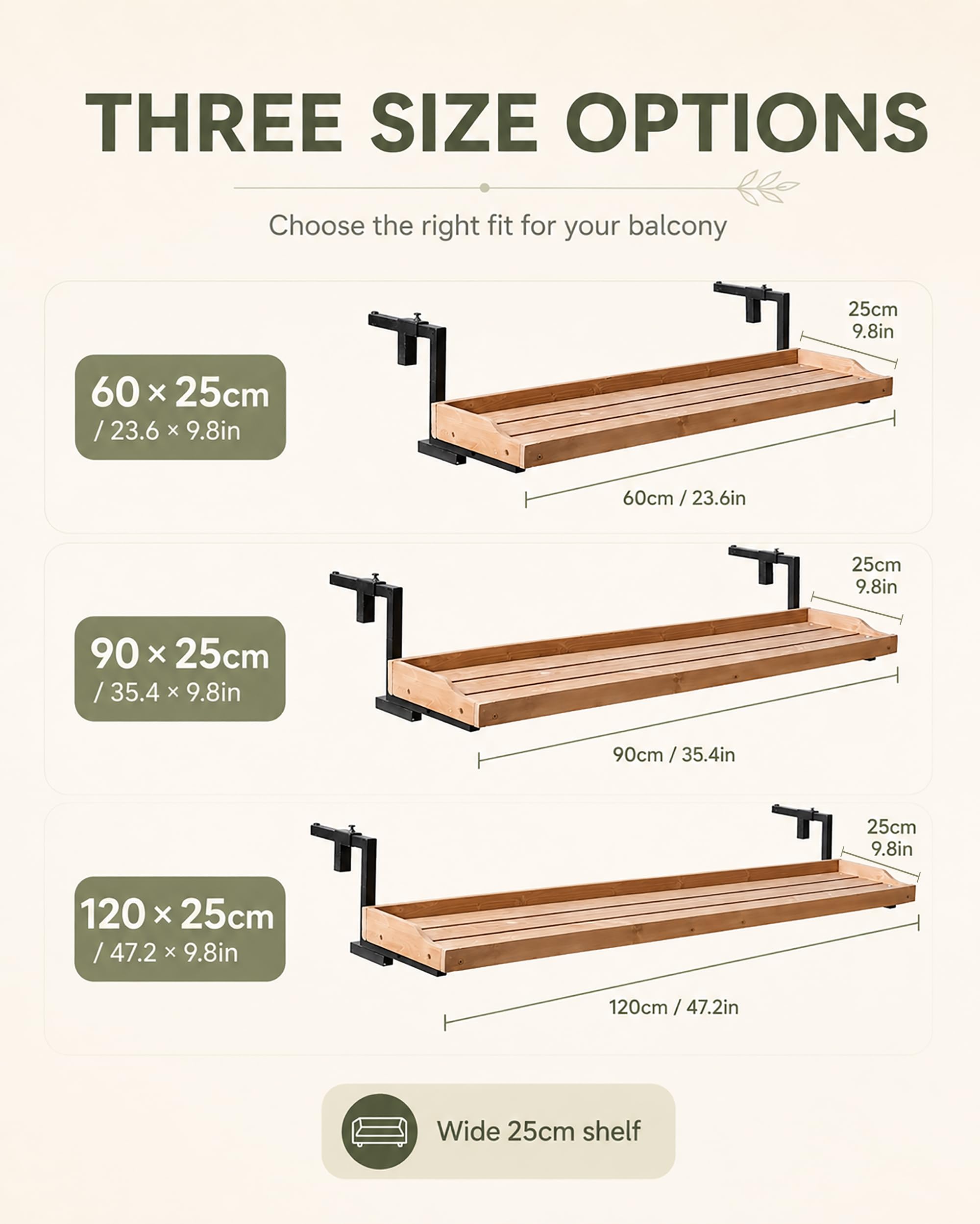 Tavolino da Balcone Pieghevole Sospeso - Tavolo per Ringhiera Regolabile in Legno - Salvaspazio Esterno per Piante e caffè - con Ganci in Ferro e Bordo 25cm | ,Natural,L120×W25cm
