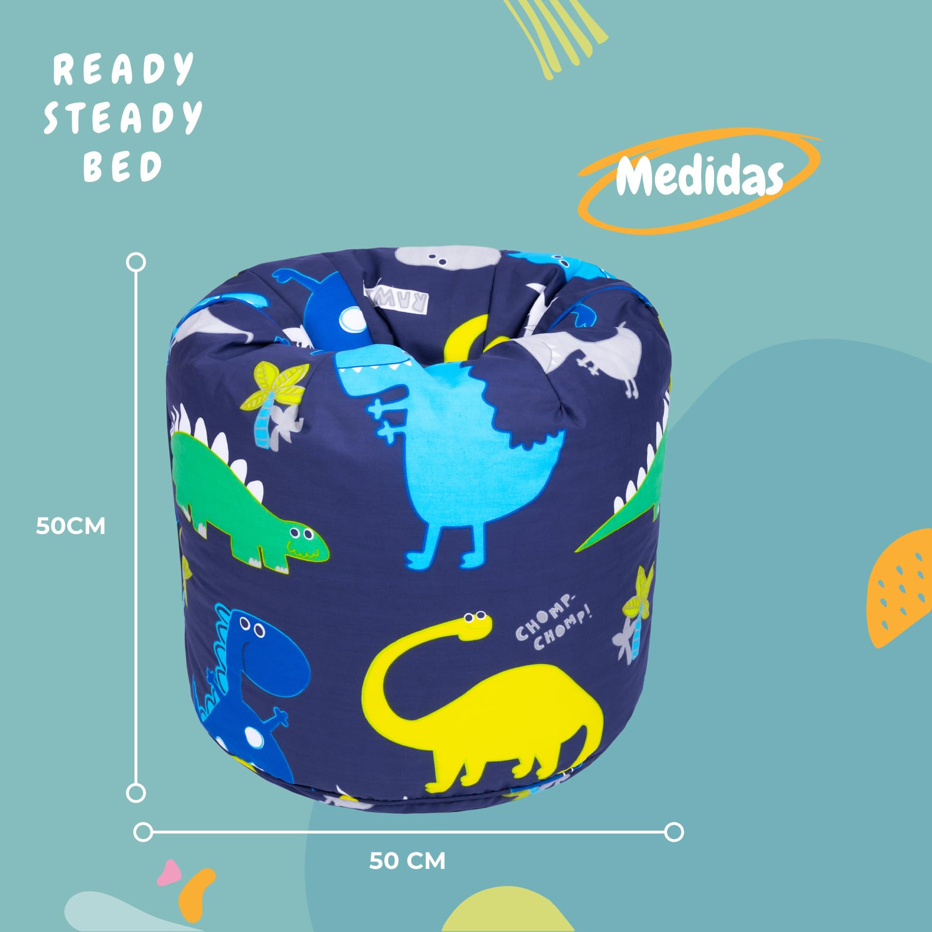 Ready Steady Bed Puff Infantil | Cómodo Puff niños para Interiores y Exteriores | Puf para niños Resistente al Agua | Diseño ergonómico Puff Infantiles | Puff con Relleno Incluido (Dino Dark)