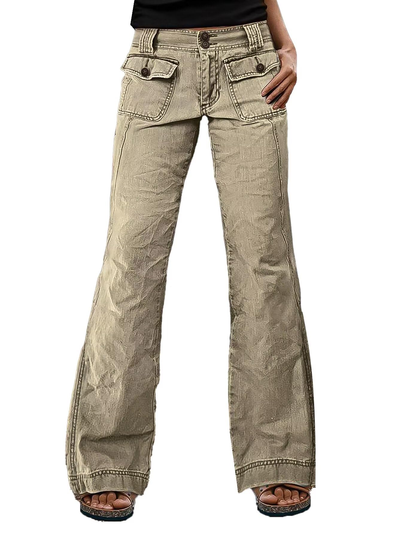 Flamingals Straight Leg Mid Waist Seam Front Solid Flap Pocket Pants for Women