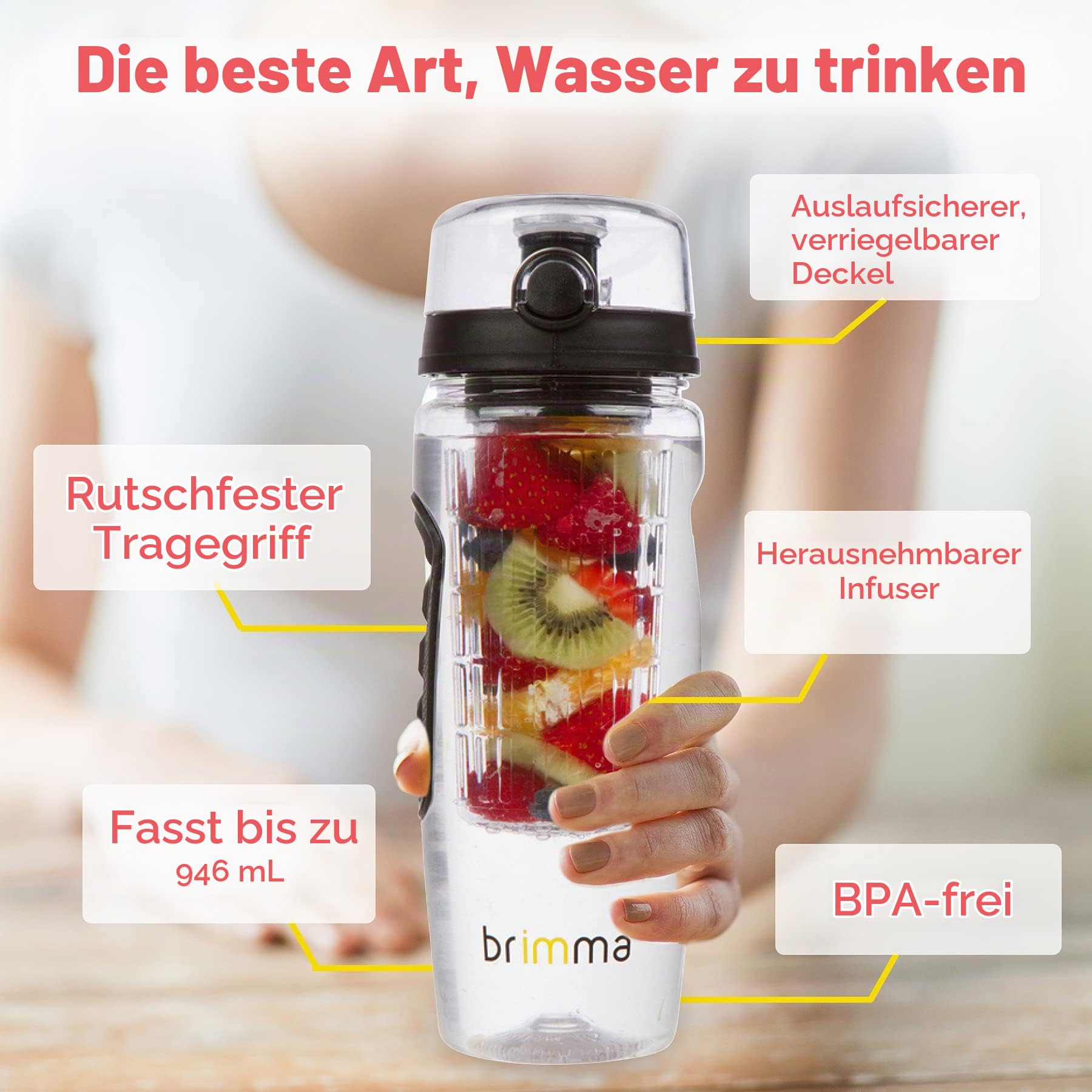Brimma 1L Trinkflasche mit Früchtebehälter - Wasserflasche mit Fruchteinsatz - Auslaufsichere Sport Flasche - Sportflasche Water Bottle - Passt in Jede Sporttasche, Schultasche, Rucksack