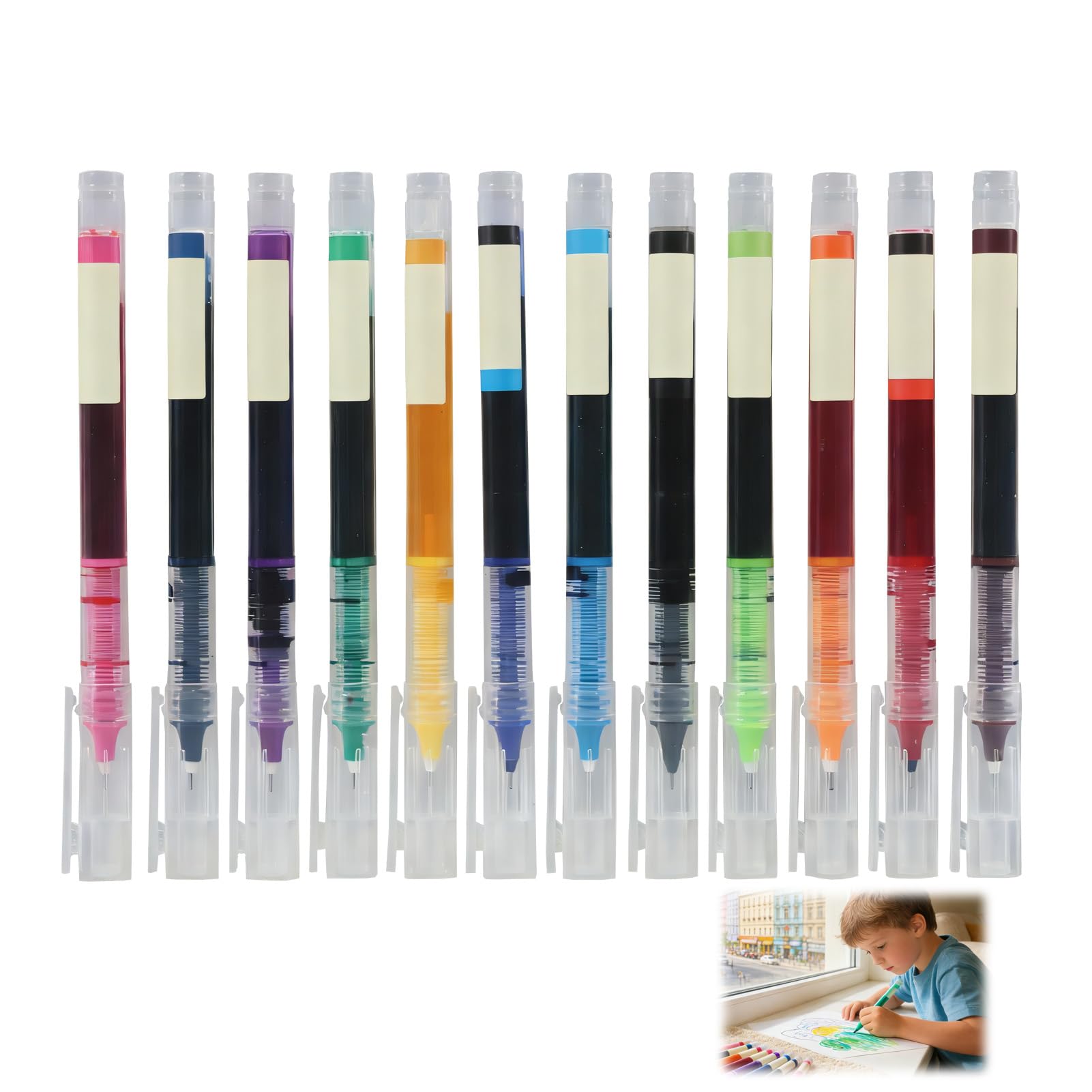 12 Pcs Coloured Gel Pens, 0.5mm Coloured Fineliners, Fine Point Liquid Ink Pens, Quick Drying Multicolor Pens Set, Waterproof Ink for Drawing Journaling Sketching Note Taking Office School Supplies