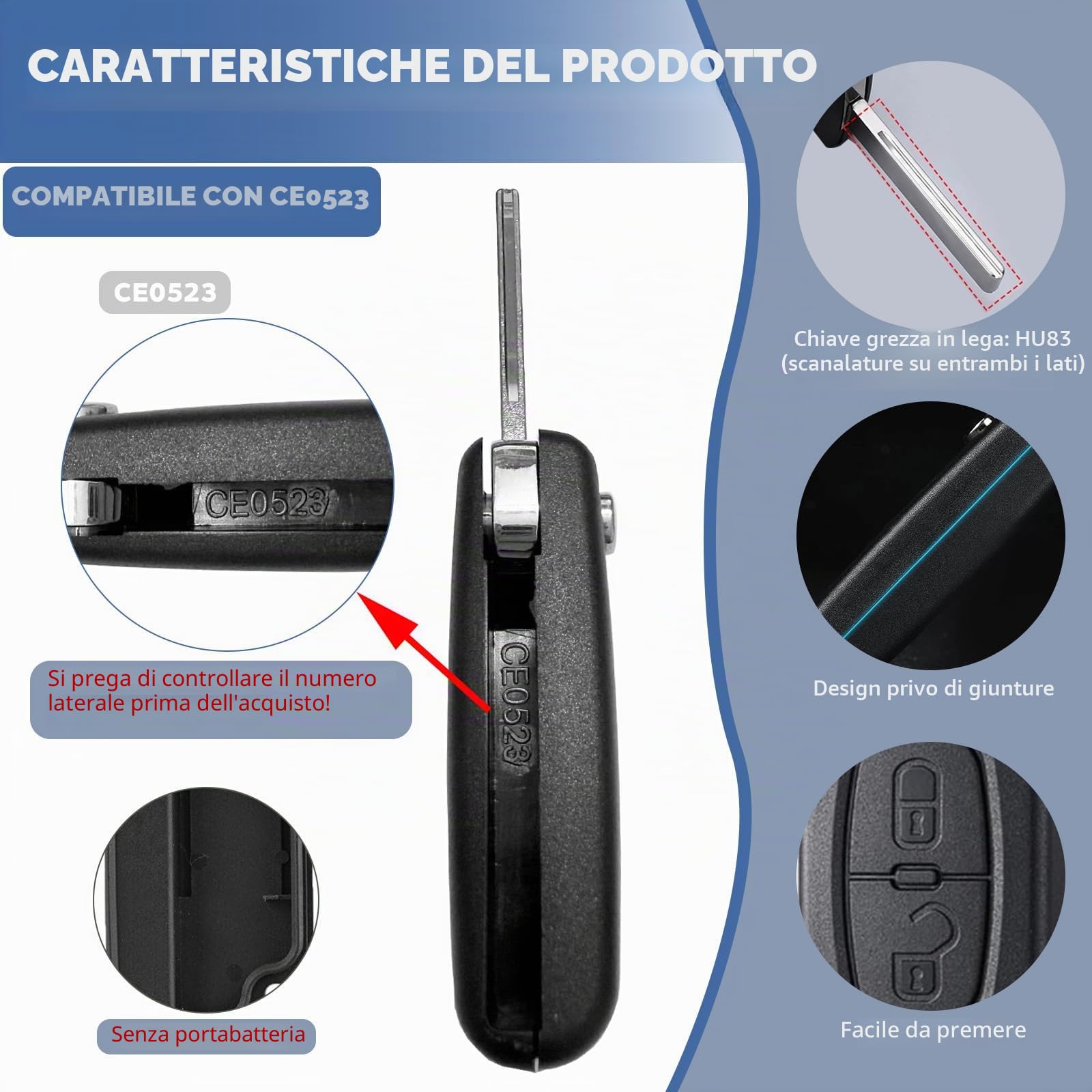 Telecomando Chiave Auto 2 Pulsanti Guscio Pieghevole Compatibile Peugeot 207 307 308 3008 5008 Partner Citroen C3 C2 C4 C5 C6 C8
