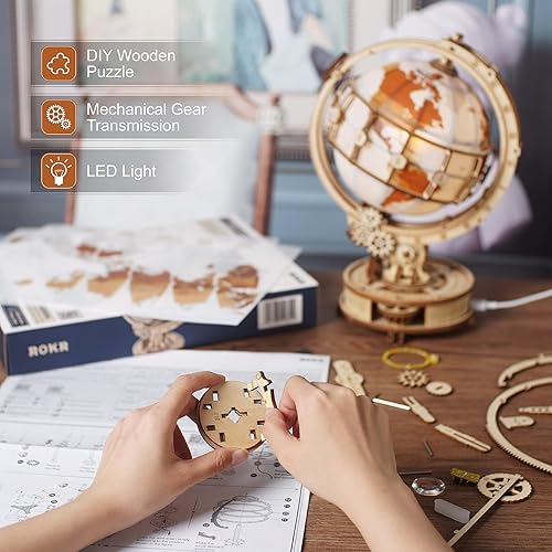 Miniatura 5 de ROKR Juego de rompecabezas de madera 3D para adultos, globo luminoso, caja de música Orrey y caja de música para violonchelo, regalo único para