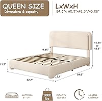 Vista 2 de Base de cama Boucle de tamaño Queen, plataforma tapizada con cabecera ajustable en altura y esquinas redondeadas suaves, sin ruido, fácil montaje