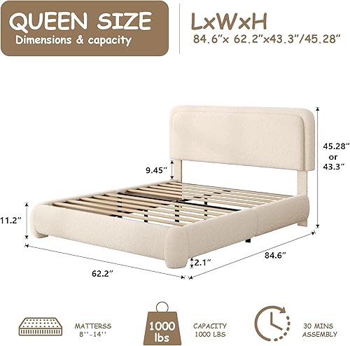 Miniatura 2 de Base de cama Boucle de tamaño Queen, plataforma tapizada con cabecera ajustable en altura y esquinas redondeadas suaves, sin ruido, fácil montaje,