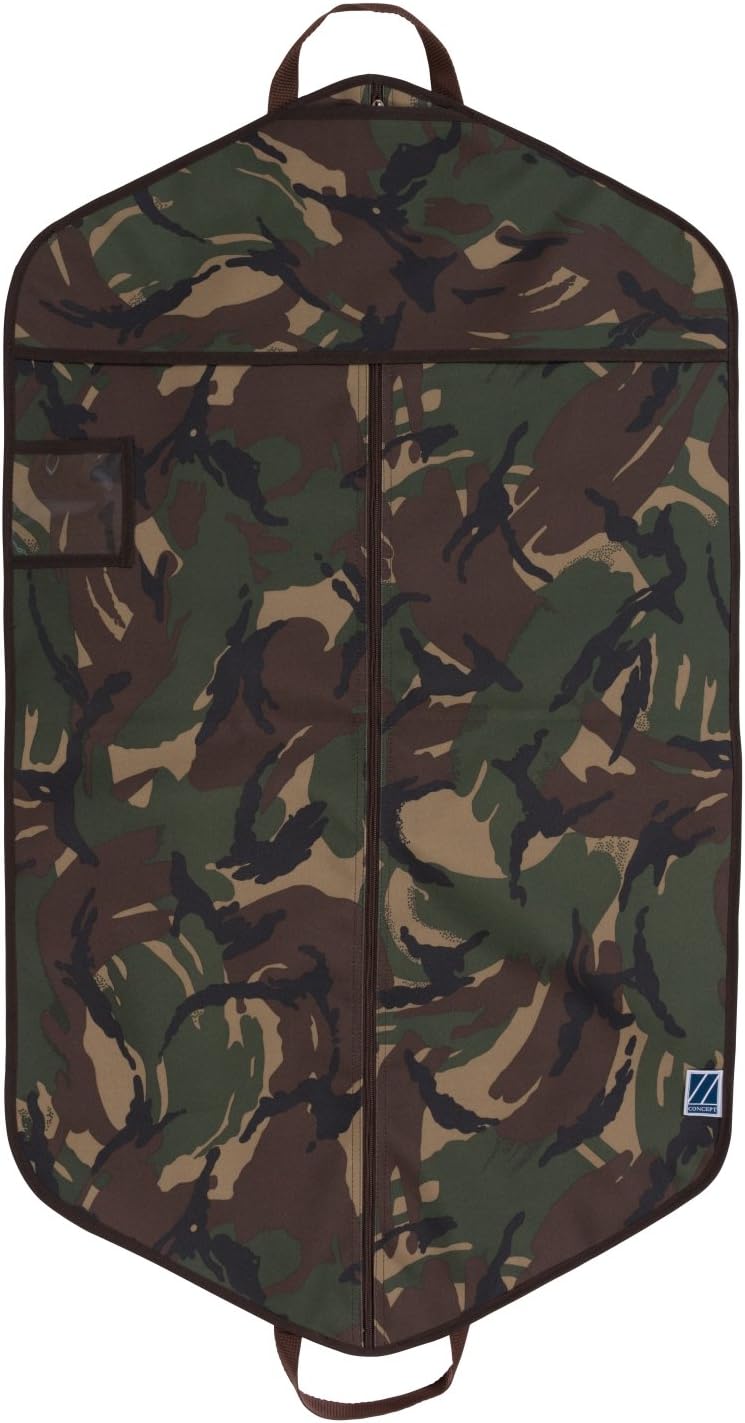 Concept Covers 42"(106cm) Stylish Foldable Suit Carrier Travel Bag Cover- Camouflage - Inc Full Length Zip, 25mm Carry Handles, Hanger Opening, Accessory & Transparent Window Pockets – Made in Britain