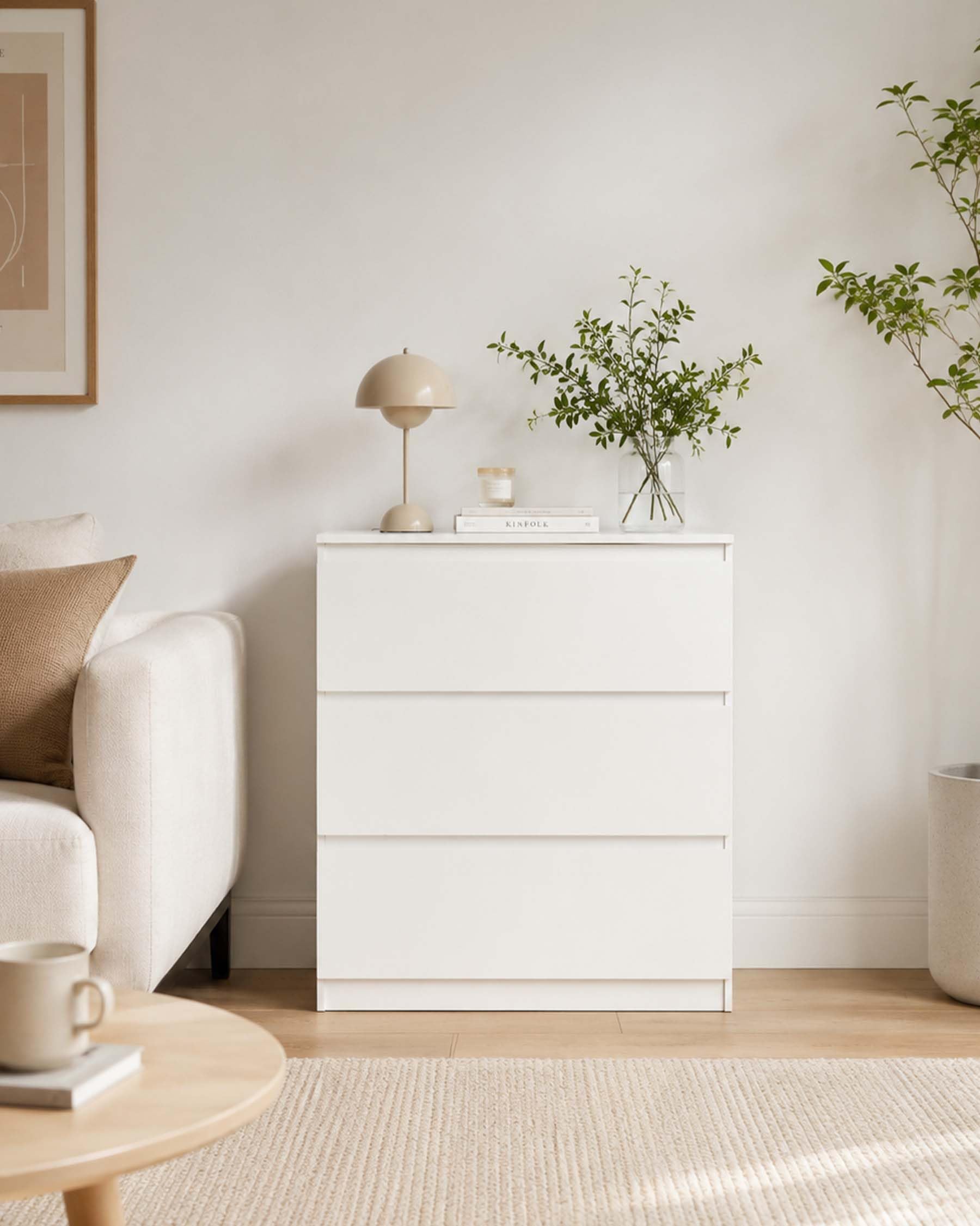Cómoda Blanca Dormitorio con 3 Cajones Mesilla de Noche Estrecha 40cm Cajonera de Armario Interior Moderna Mueble Auxiliar para Oficina y Pasillo 70x40x75 cm