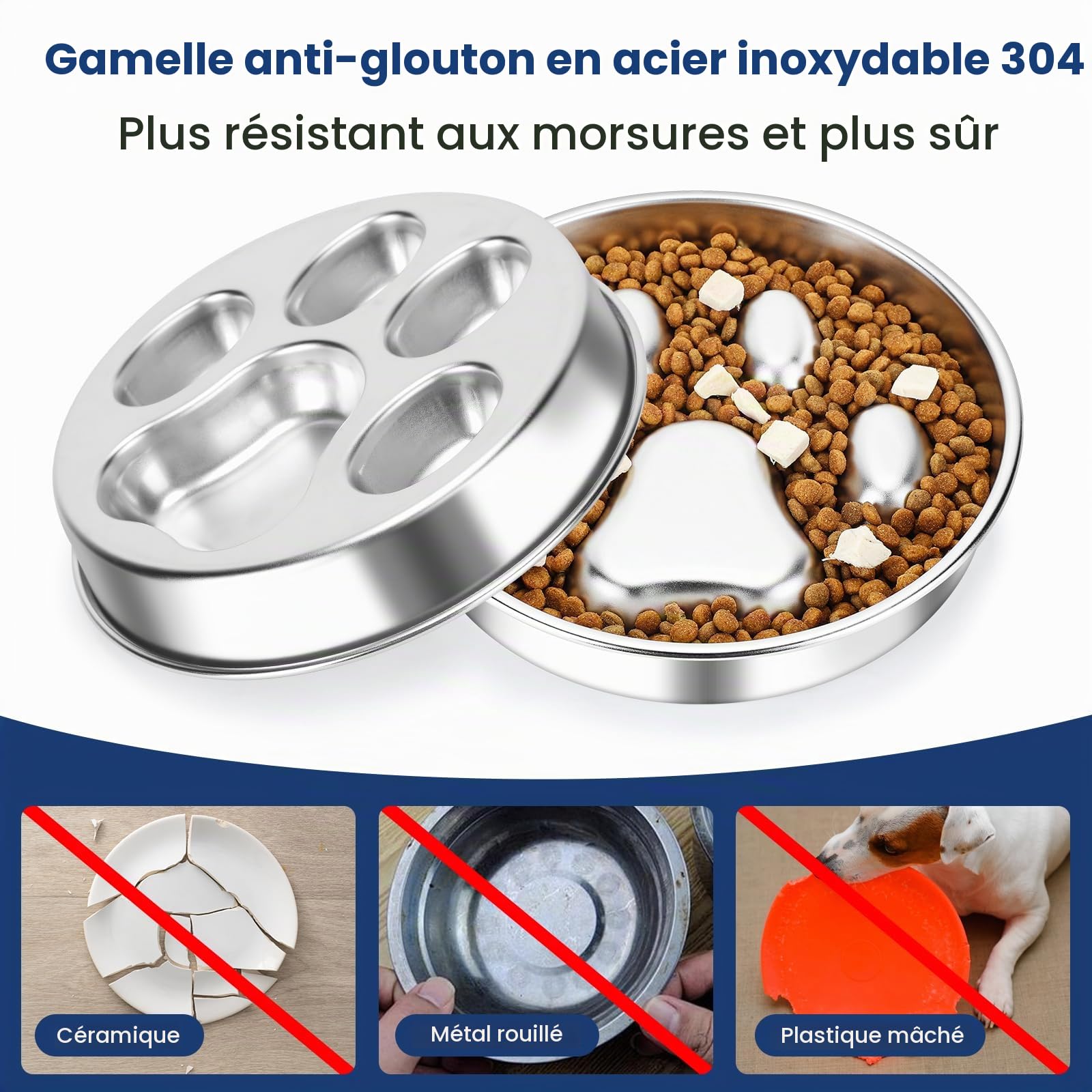 PETTOM Gamelle Anti Glouton Chien INOX, Rond, Diamètre 21cm | Acier Inoxydable, 2 Tasses, Double Face, Compatible Croquettes et Pâtée, Passe au Lave-Vaisselle