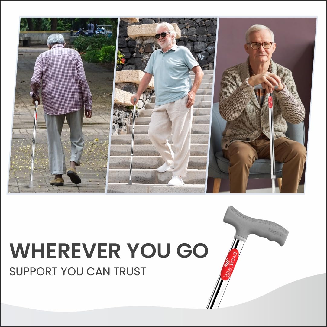 EASYCARE® Walking Stick | Lightweight Aluminium with 10 Height Levels Adjustable | Ergonomic Handle, Anti-Slip Base | Support for Old Age Seniors, Men, Women & Patients (Single Leg) - Image 4 thumbnail