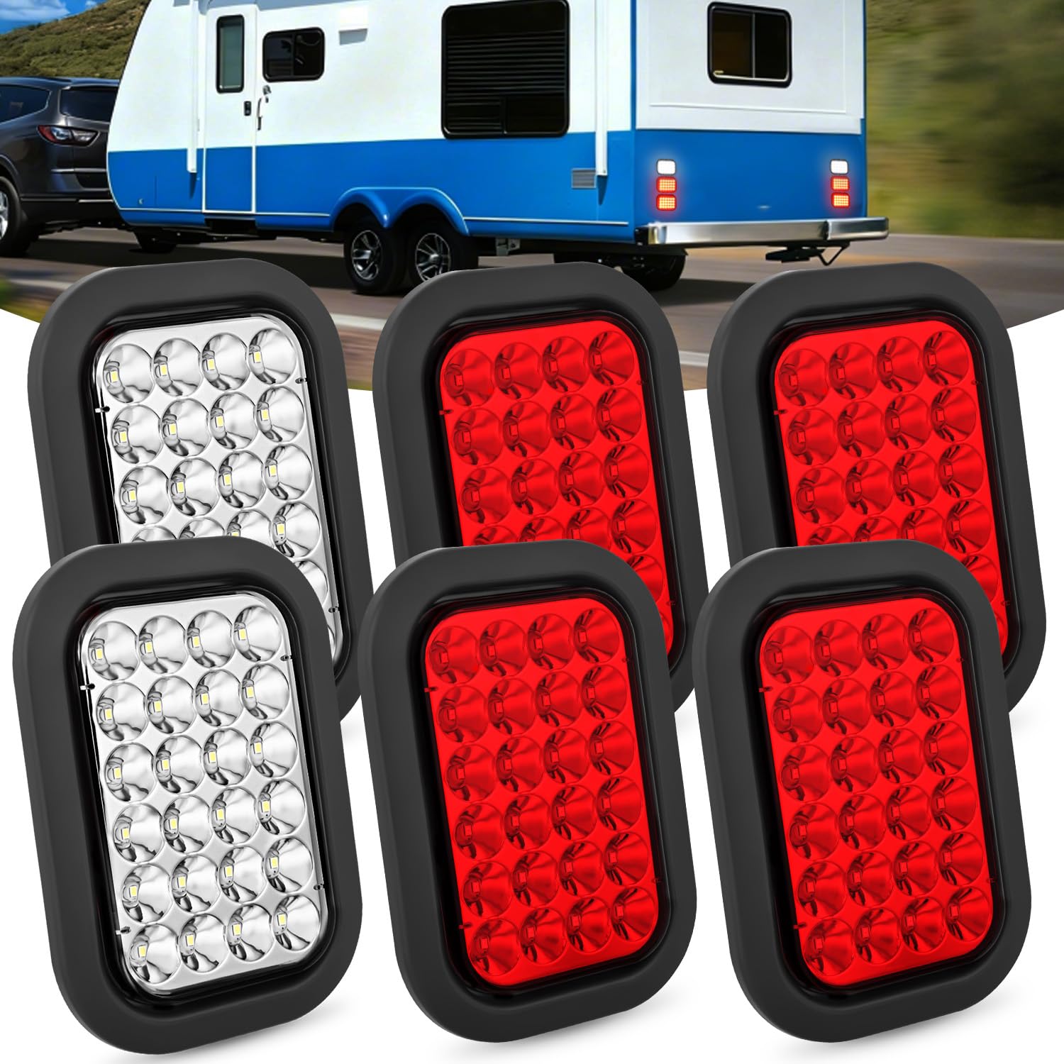 Nilight 5" X 3" Rectangular Trailer Tail Light 4 PCS White Red 24LED