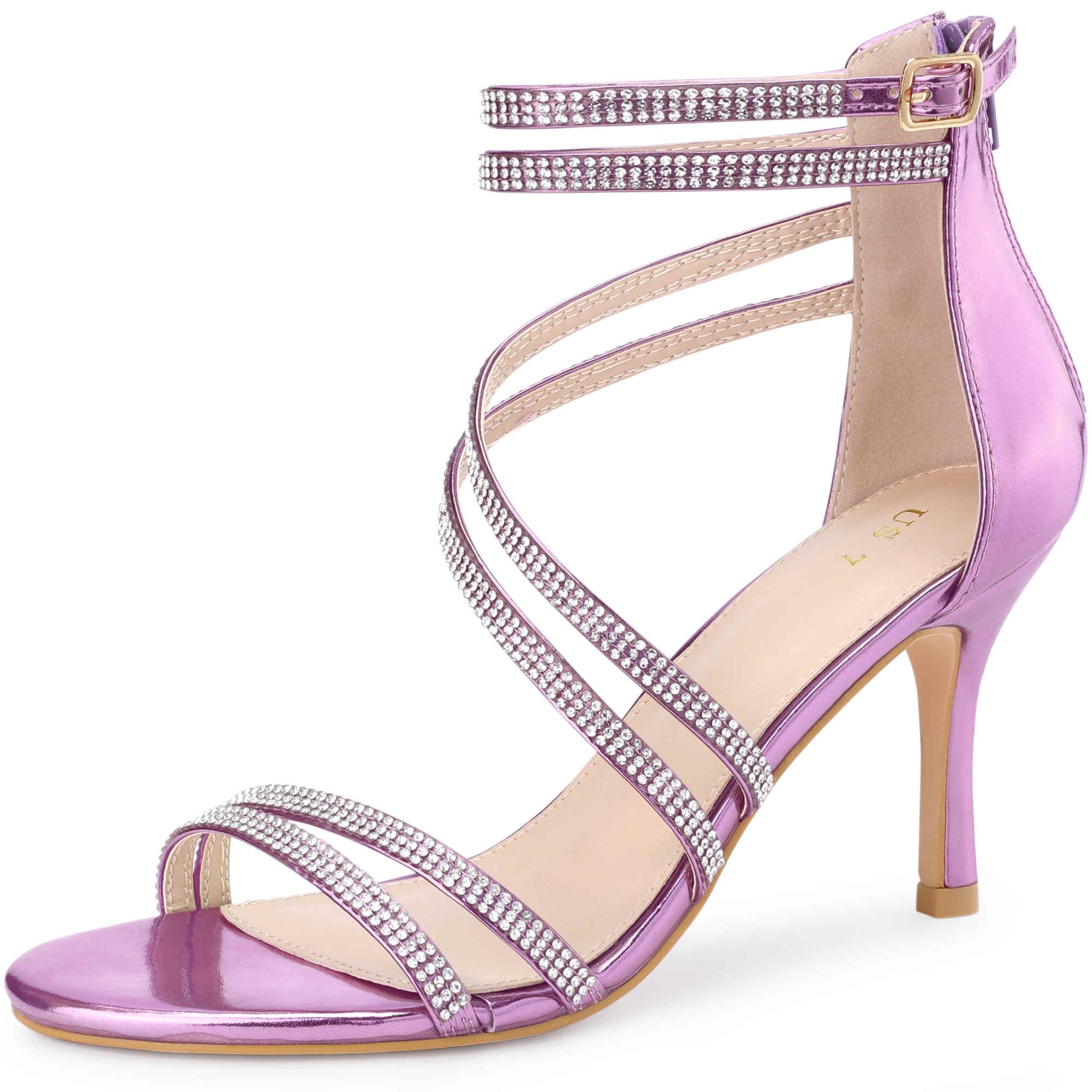 Perphy Stiletto Heel Strappy Rhinestone Heels Sandals for Women