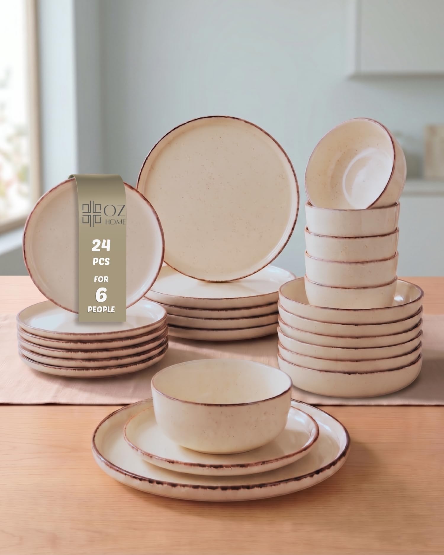 BAVARY Beige 24-Pcs Ceramic Dinner Sets for 6 People – Ceramic Plates and Bowls Set – Dinner Plates Set of 6, Dessert & Deep Plates and Bowls – Microwave/Dishwasher Safe Plates Set, Dinnerware Sets