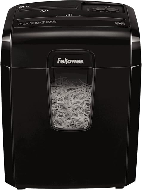 Fellowes Paper Shredder for Home Office Use - 8 Sheet Cross Cut Shredder for Home and Personal Use - Deskside Shredder with 14 Litre Bin and Safety Lock - Powershred 8Cd - High Security P4 - Black