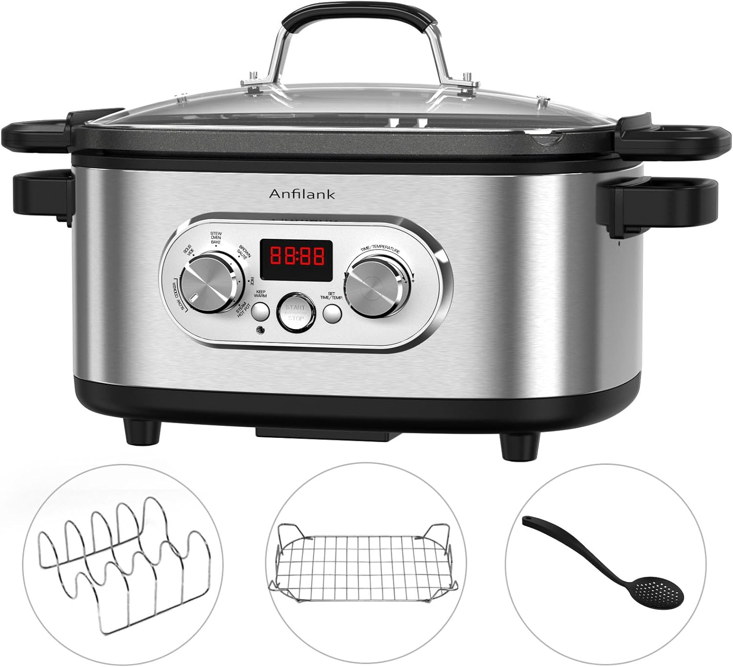 10-in-1 Programmable Slow Cooker with Timer, 6.8 Quart Crock Pot, Presets to Sous Vide, Bake, Sauté, Cook Rice& More, Nonstick Dishwasher-Safe Pot, Adjustable Temp&Time, Stainless Steel