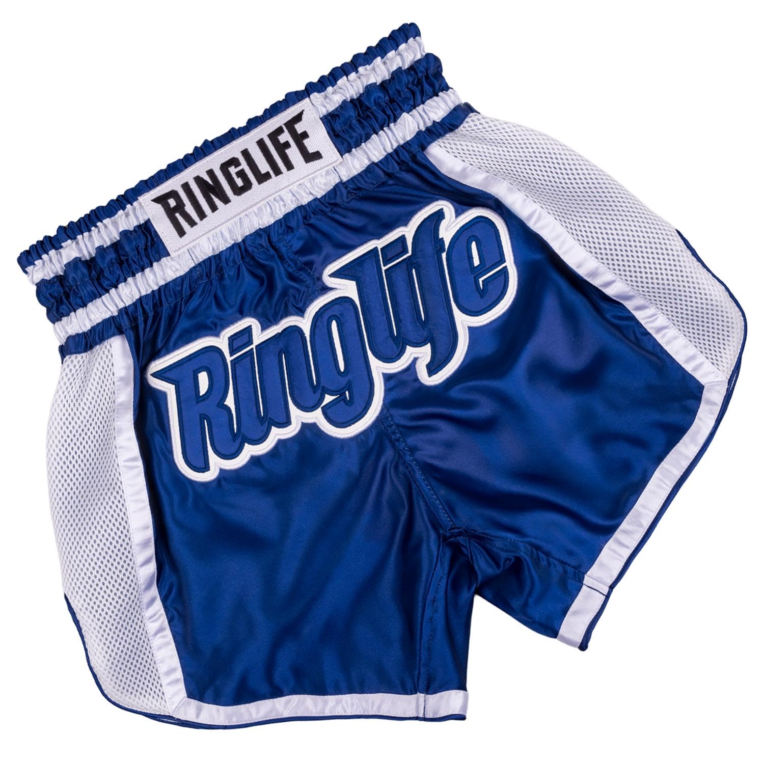 Muay Thai Shorts, Represent, Navy-weiß, Kickboxhose für Training & Wettkampf, Thaibox Shorts Satin, Atmungsaktiv, Langlebig, Kampfsporthose für MMA, K1, Boxen, Thai Boxen