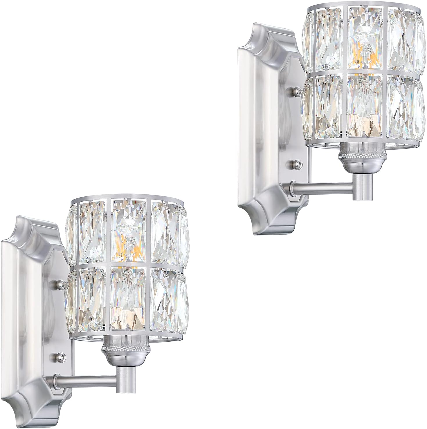 2 Pack 1 Light Crystal Wall Sconce Lighting with Brushed Nickel Finish,Modern and Concise Style Wall Light Fixture Polyhedral Crystal Shade for Bathroom, Bedroom Living Room Kitchen Island