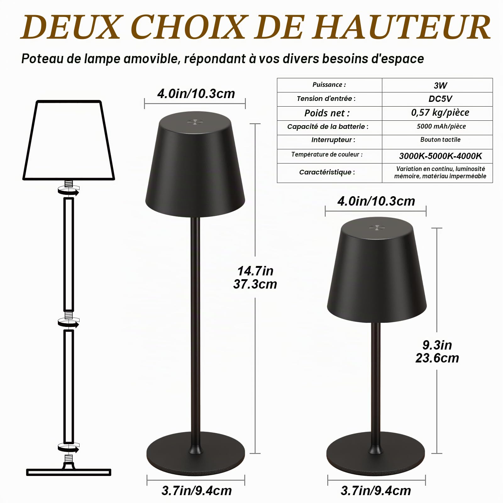 2 Pièces Lampe de Table LED Sans Fil, 3 Température de Couleur, Intensité Variable, Lampe de Chevet Tactile Rechargeable pour Chambre Salon Camping Jardin Café Extérieur(Noir)