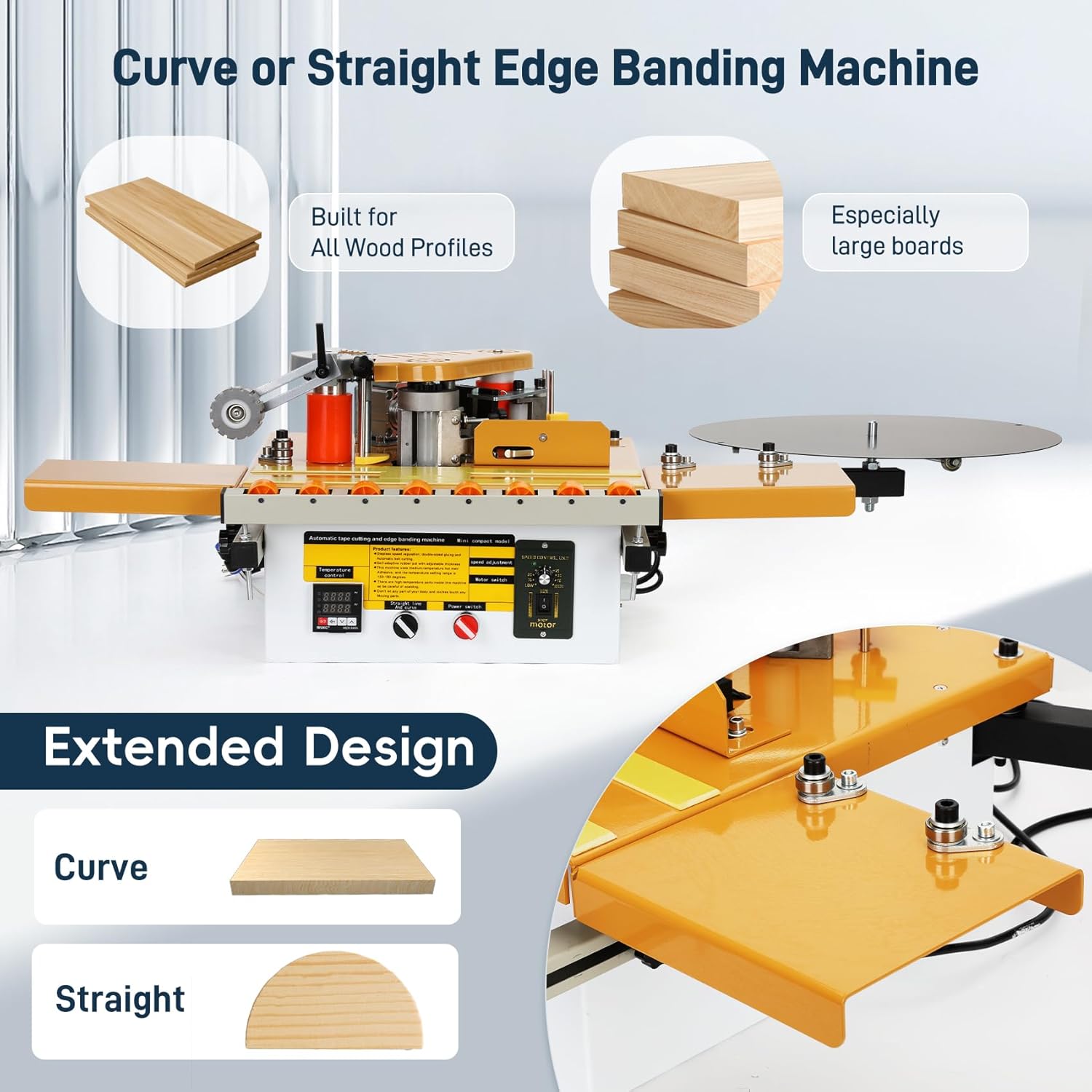 Woodworking Edge Banding Machine for Curve/Straight Edge, Auto Tape Breaking, Dual-Side Glue Application, Microcomputer Control, Adhesive Capacity 1000ml, Adjustable Speed 5–10m/min, 110V