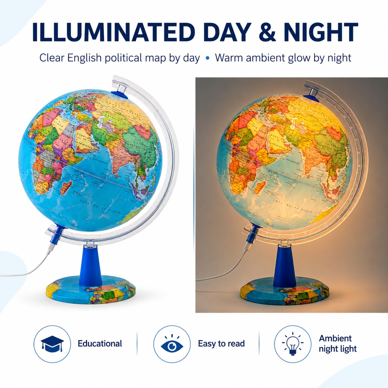 Mappamondo illuminato da 20 cm, con mappa inglese, moderno mondo politico, educativo, geografico, decorazione da tavolo