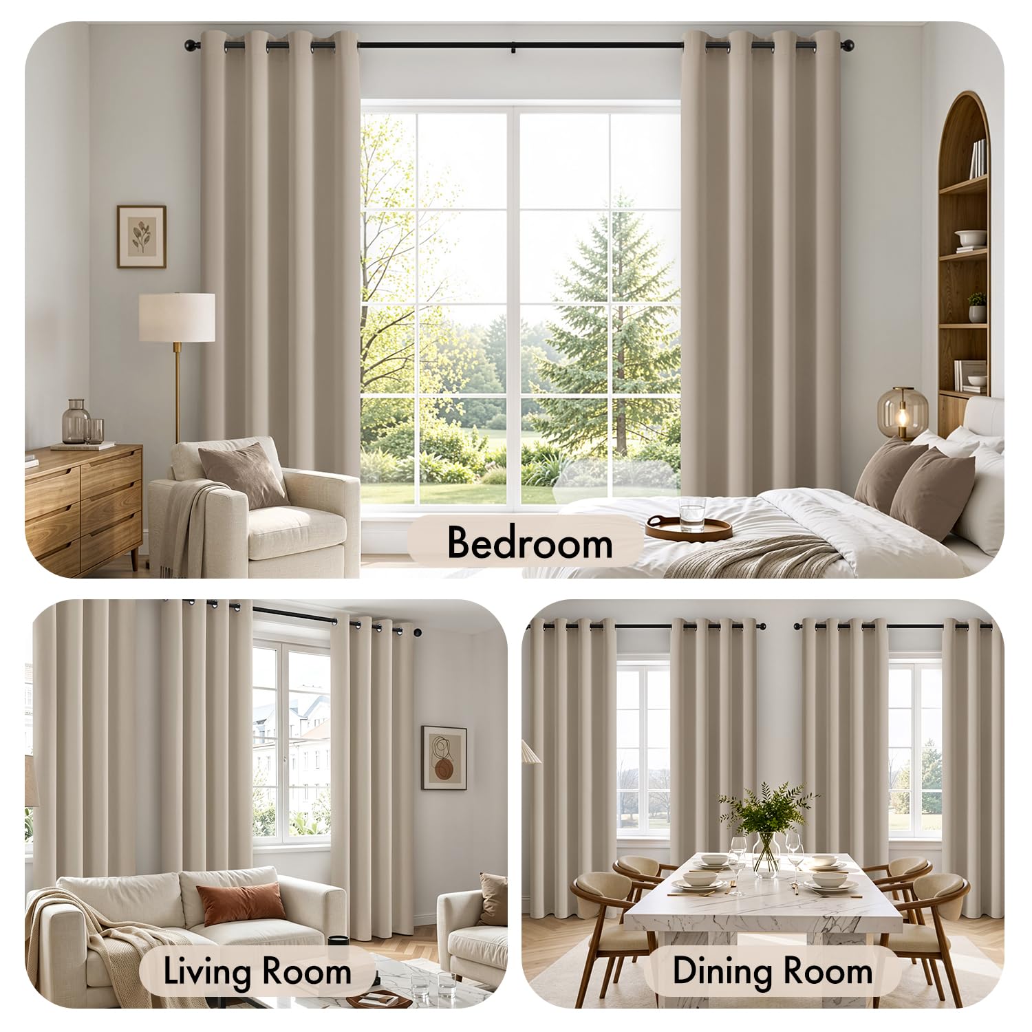 Woaboy Rideau Occultant Beige Lot de 2 à Oeillets Thermique 140x245 cm | Rideau Isolant Thermique Occultant Anti-Bruit Pour Salon et Chambre, Décoration Intérieure Moderne