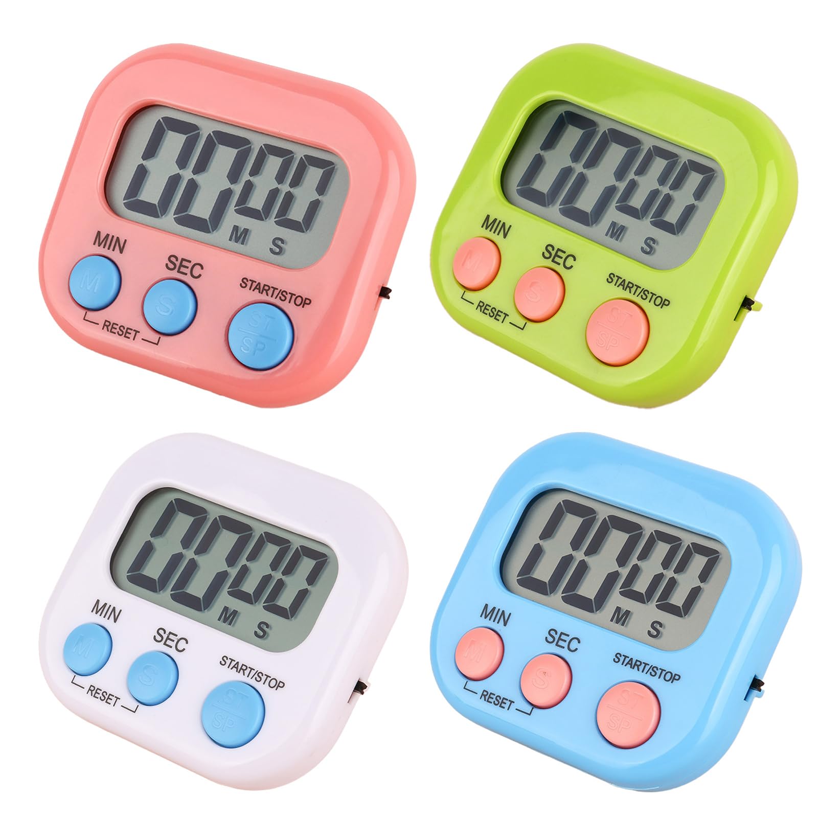 4-Pack Digital Timer, Kitchen Timer for Cooking with Magnet, Large LCD Display, Countdown Timer for Kids, Baking, Teeth Brushing (White, Blue, Pink, Green)